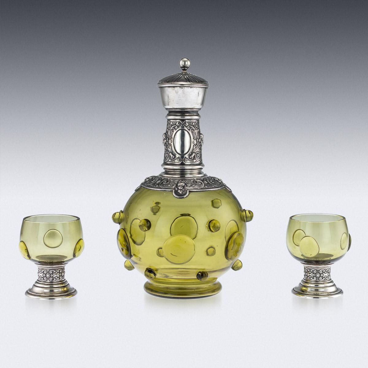 19th Century Antique German Solid Silver and Green Glass Claret Jug and Goblets, circa 1890