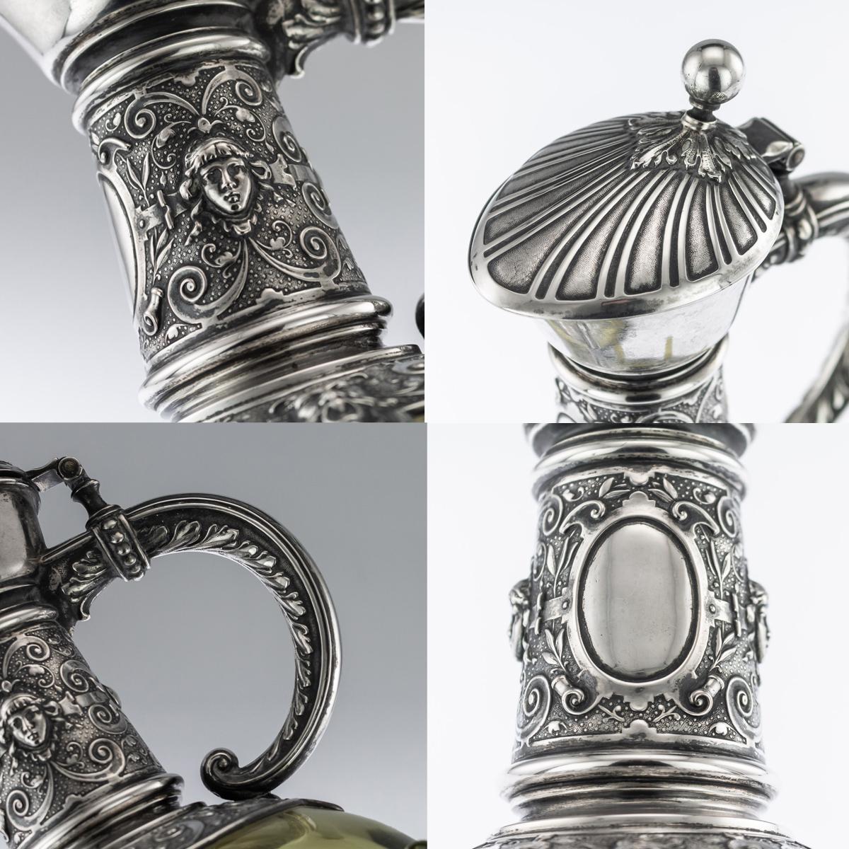 Antique German Solid Silver and Green Glass Claret Jug and Goblets, circa 1890 4