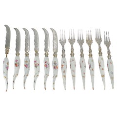 Antique German Solid Silver Dresden Porcelain Handled Fork & Knife Dessert Set