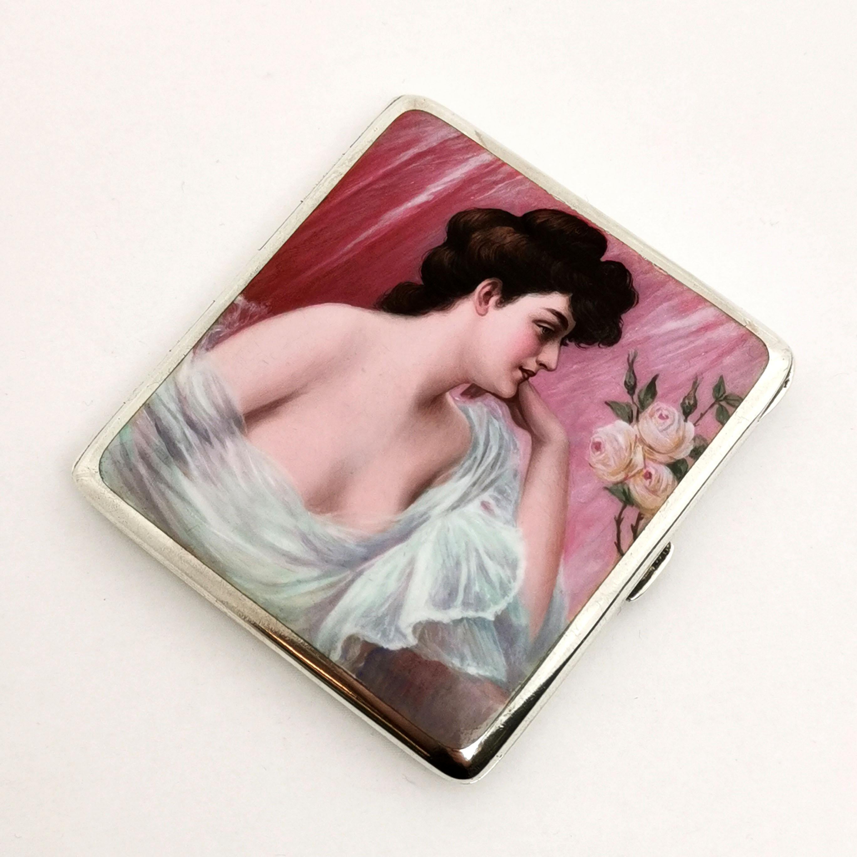 Antique German Solid Silver and Enamel Erotic Cigarette Case c. 1900 In Good Condition For Sale In London, GB