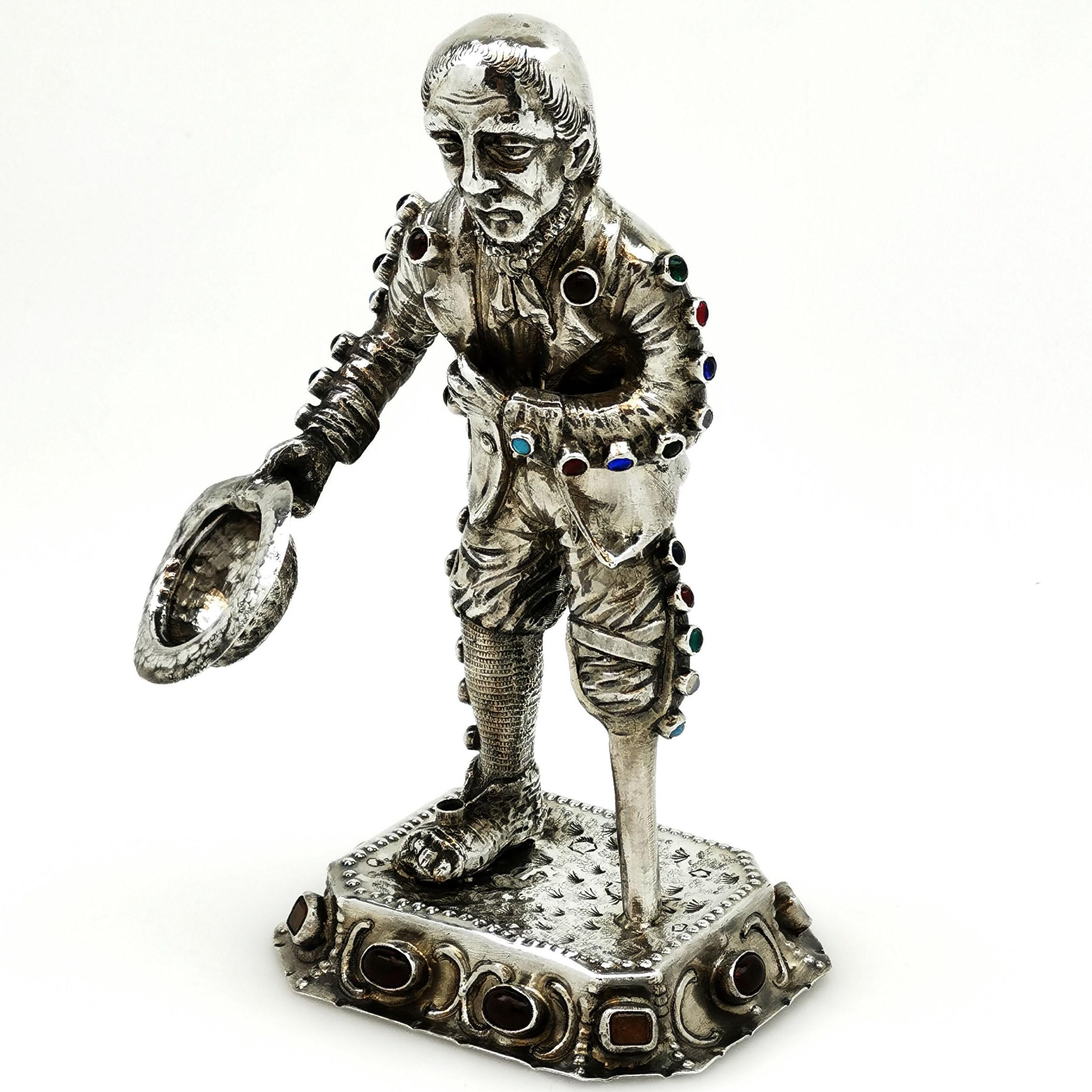 Antique German Solid Silver & Gem Stones Figure Model of a Man circa 1900 Beggar In Good Condition In London, GB