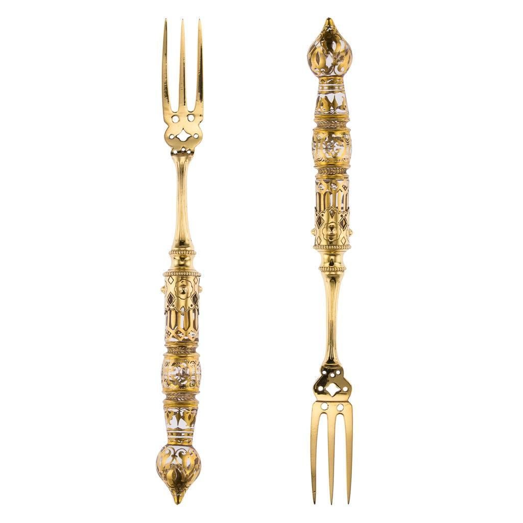 19th Century Antique German Solid Silver-Gilt and Moser Glass Cutlery Service, circa 1880