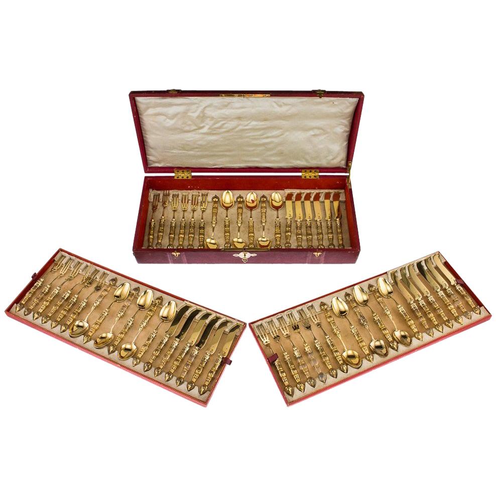 Antique German Solid Silver-Gilt and Moser Glass Cutlery Service, circa 1880