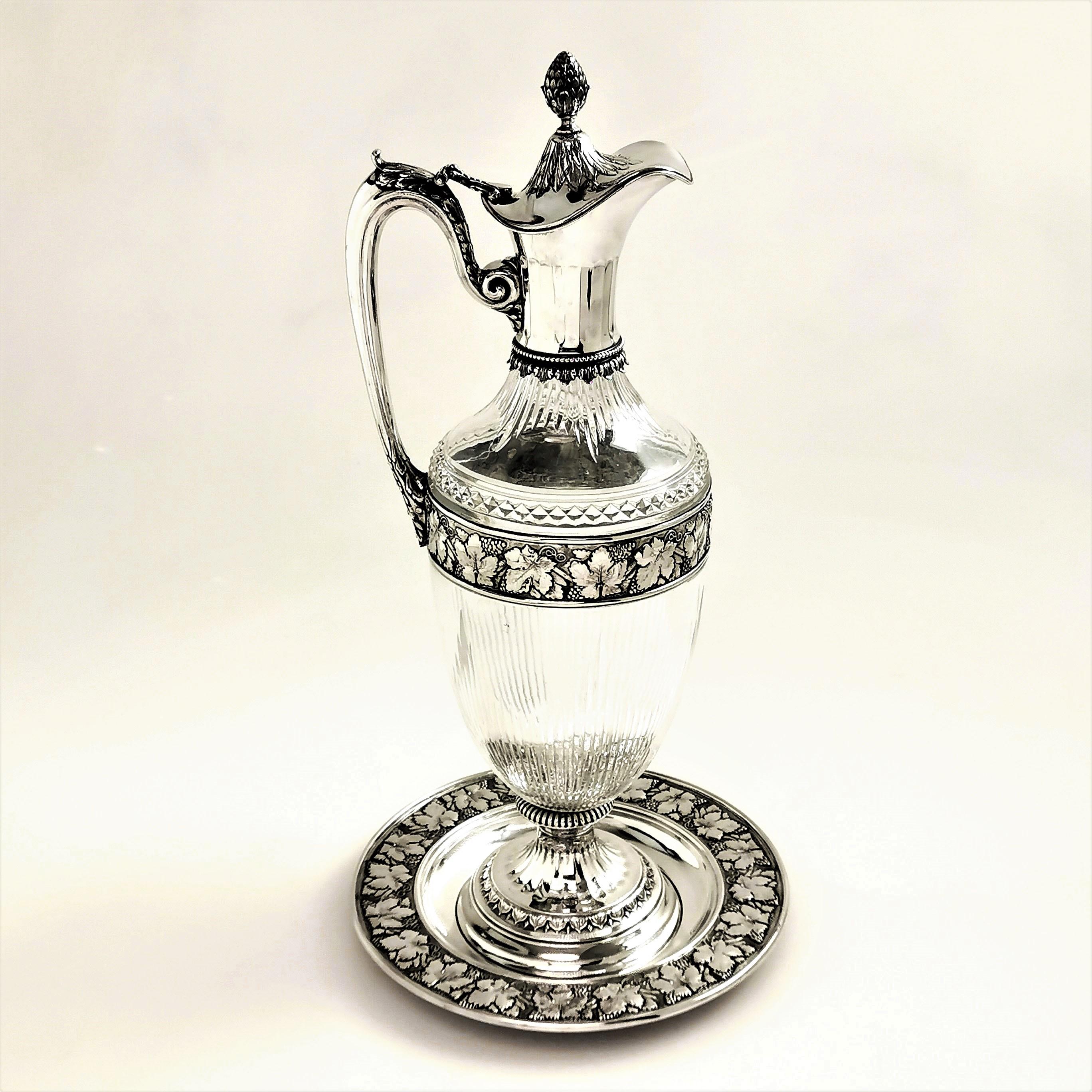 German Solid Silver and Glass Claret Jug Wine Decanter circa 1900 Under Plate In Good Condition In London, GB