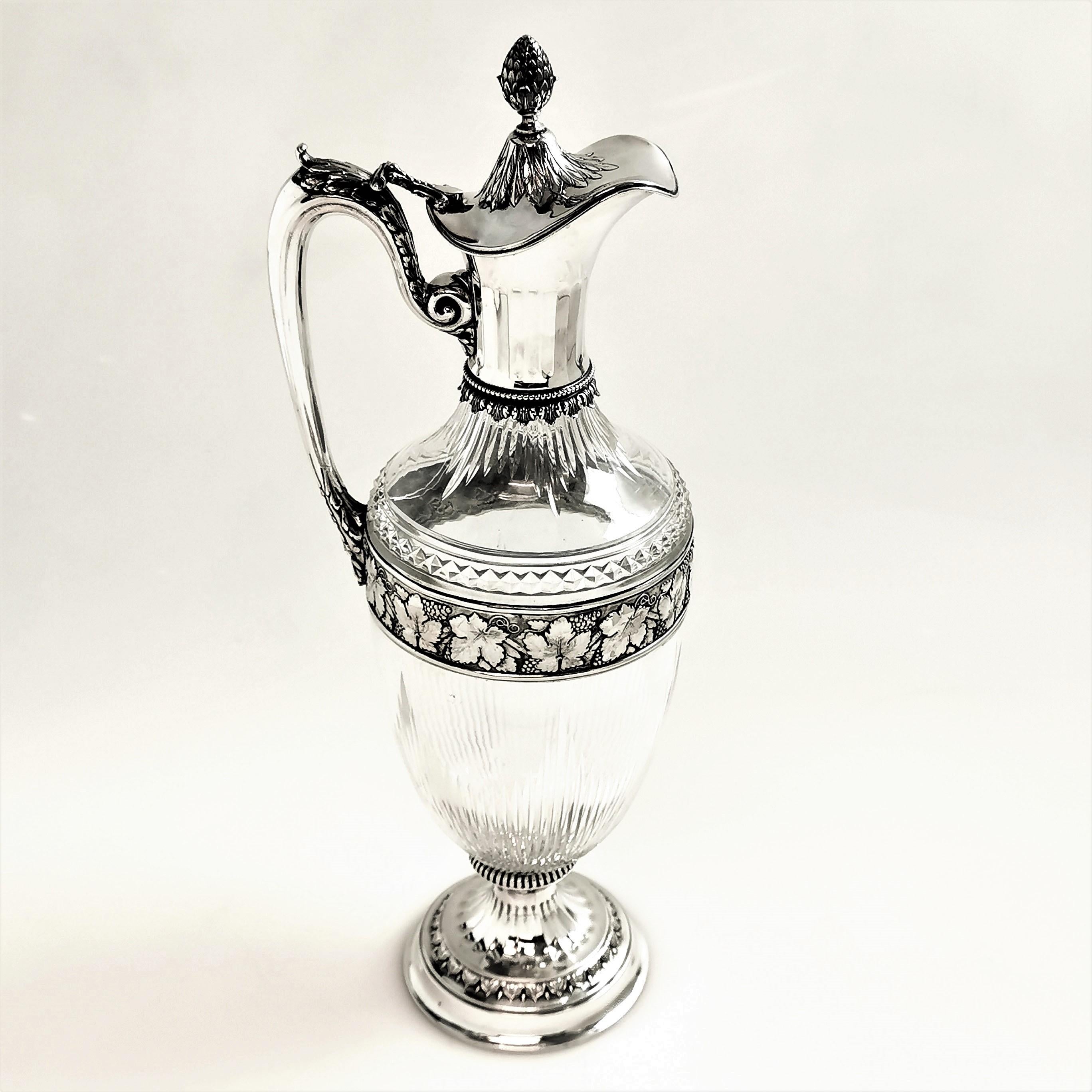 20th Century German Solid Silver and Glass Claret Jug Wine Decanter circa 1900 Under Plate