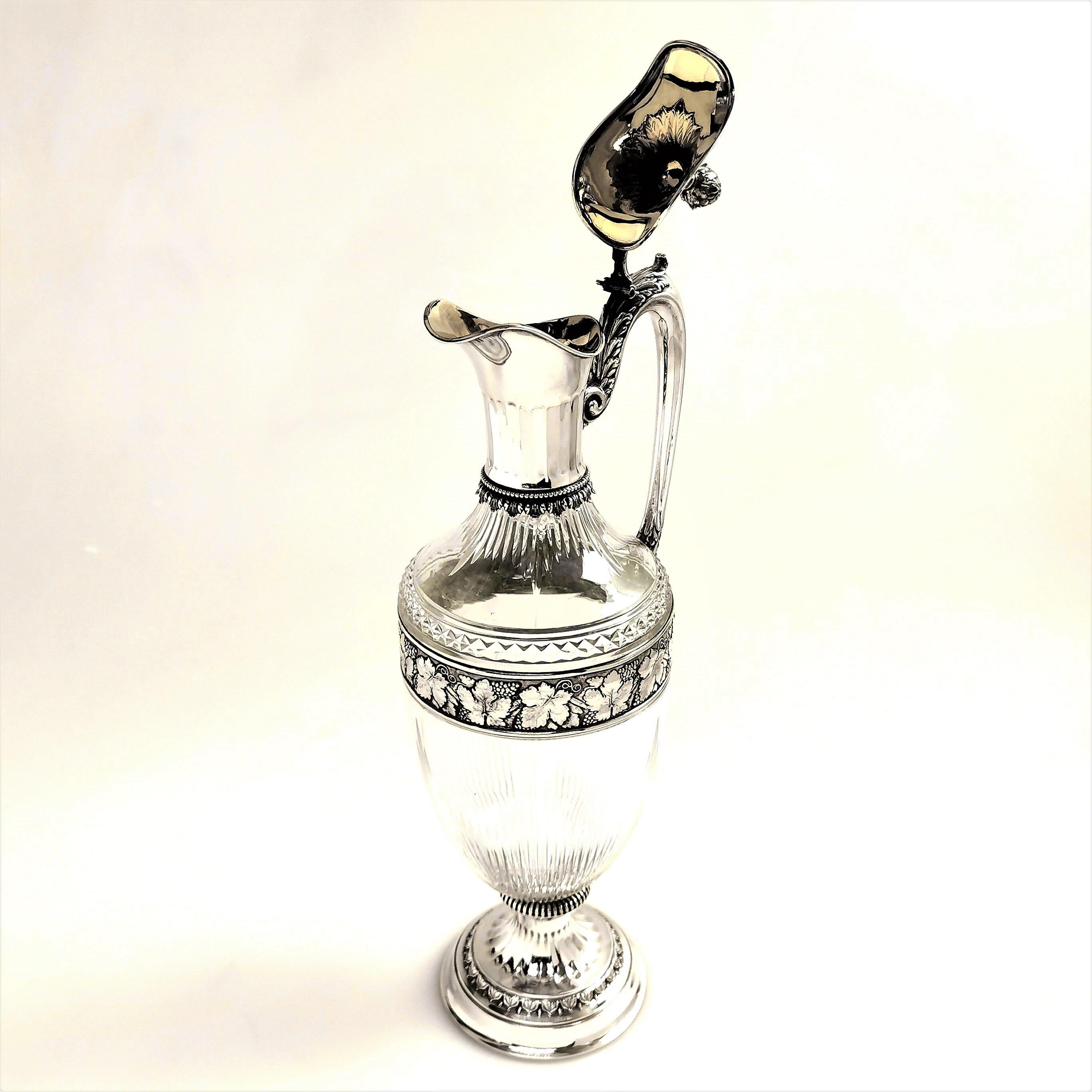 German Solid Silver and Glass Claret Jug Wine Decanter circa 1900 Under Plate 1