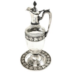 German Solid Silver and Glass Claret Jug Wine Decanter circa 1900 Under Plate