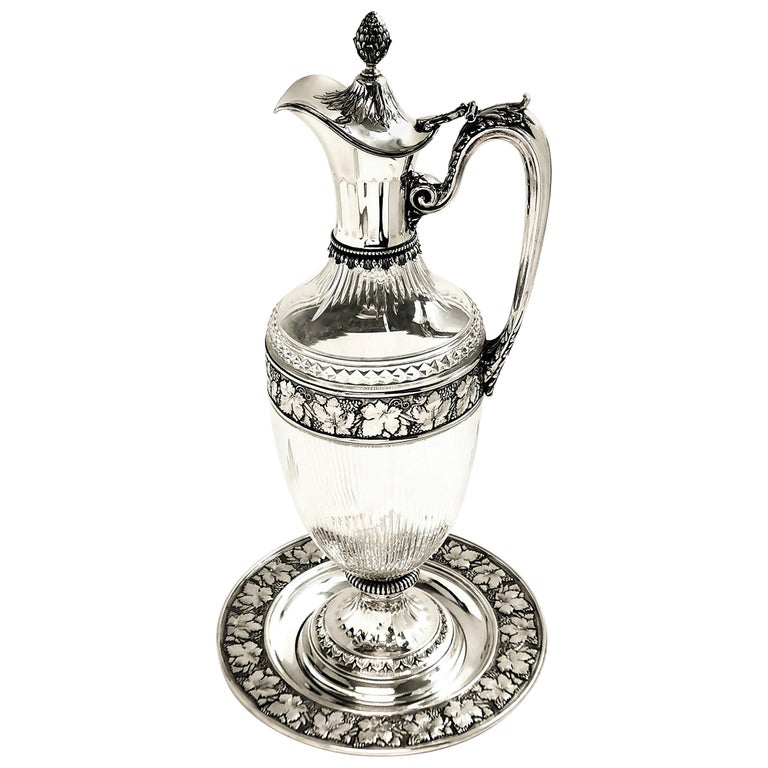 German Solid Silver and Glass Claret Jug Wine Decanter circa 1900 Under