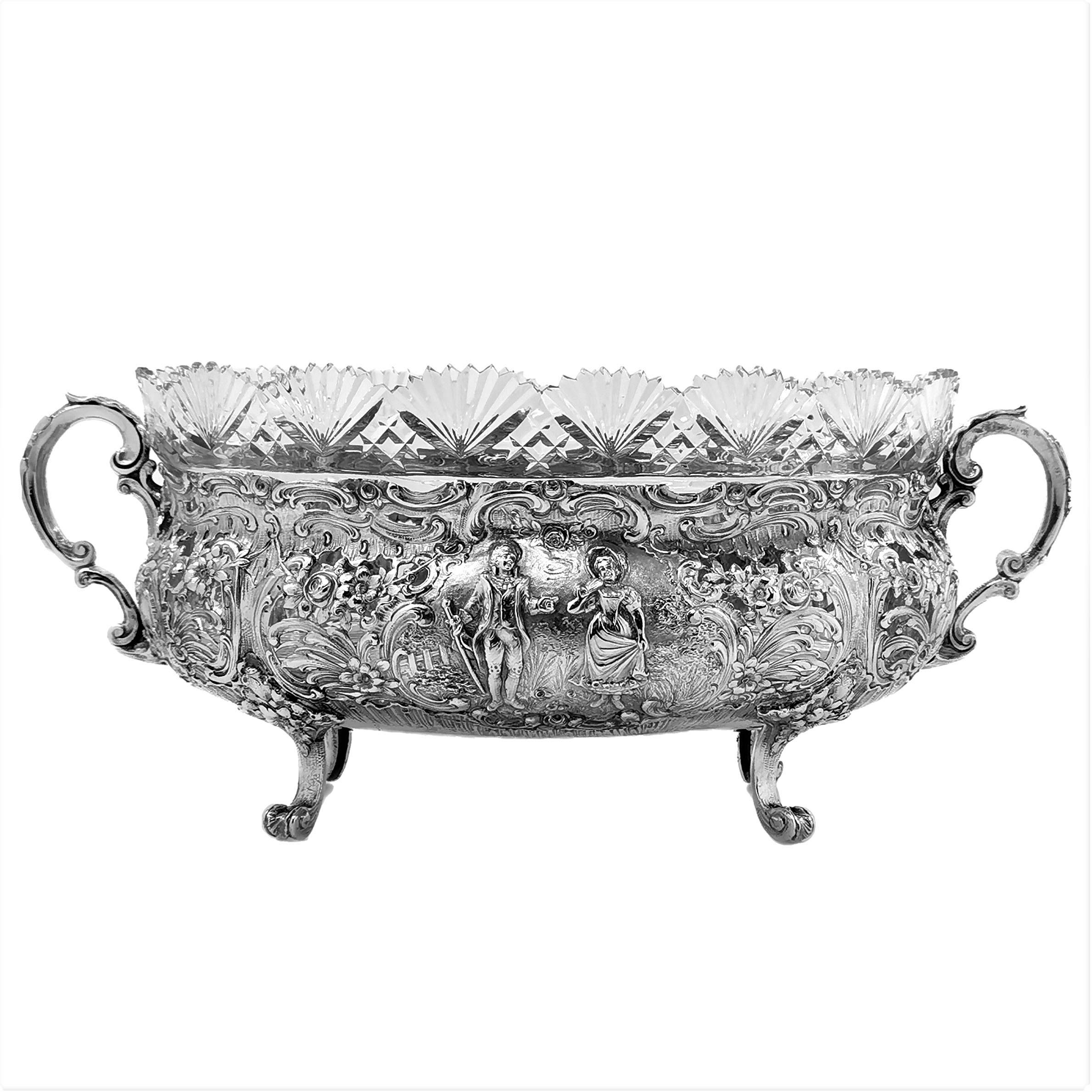 European Antique German Solid Silver & Glass Dish / Bowl / Jardinière, c. 1900