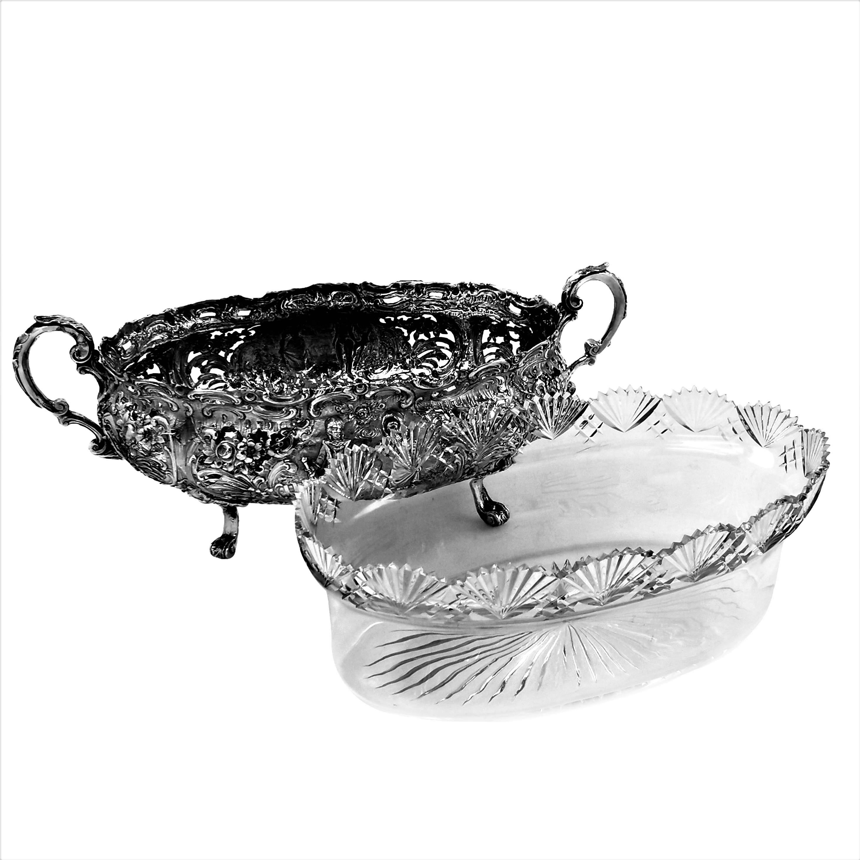 20th Century Antique German Solid Silver & Glass Dish / Bowl / Jardinière, c. 1900