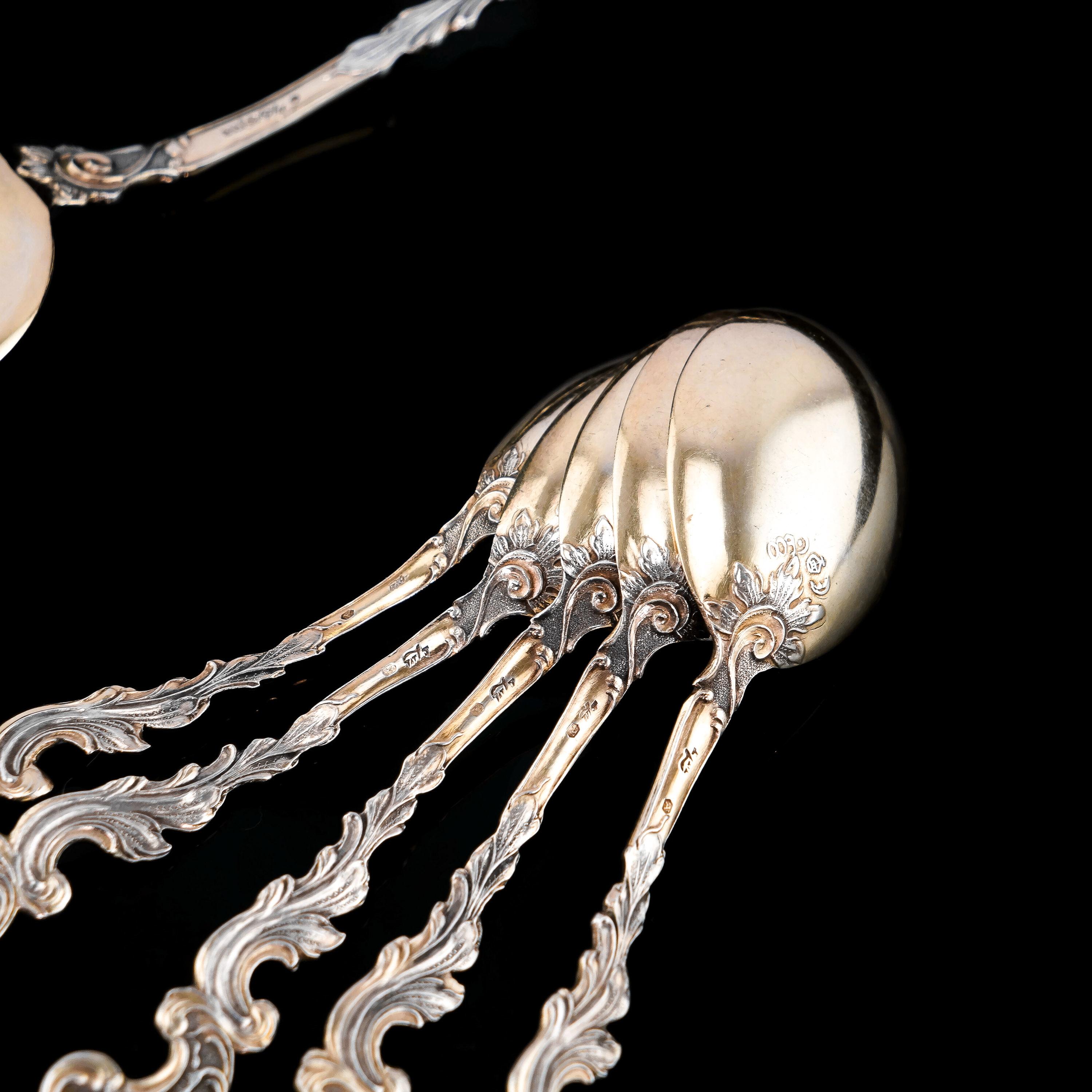 Antique German Solid Silver Icecream Server & Spoons in Rococo Style - c.1900 For Sale 8