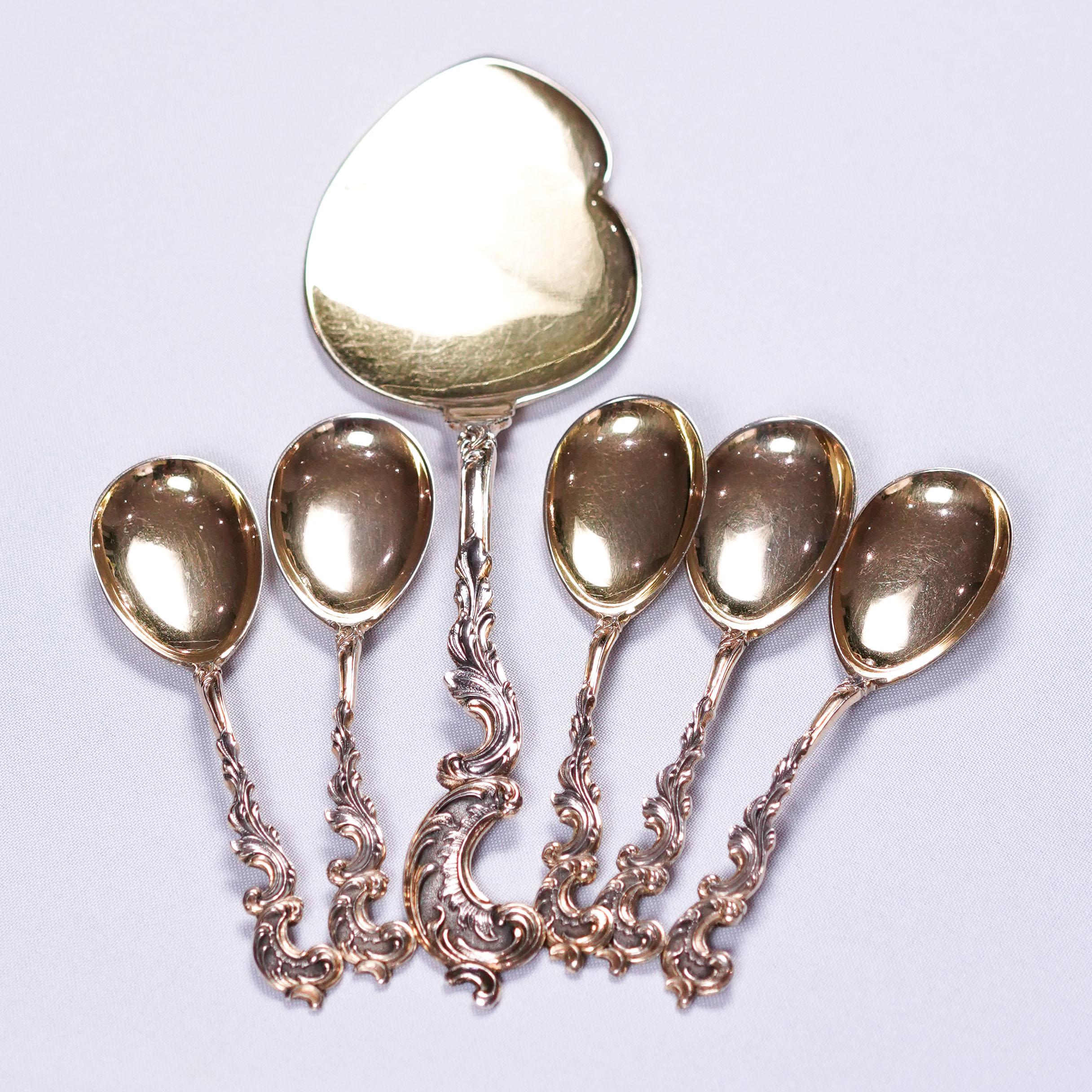Antique German Solid Silver Icecream Server & Spoons in Rococo Style - c.1900 For Sale 3