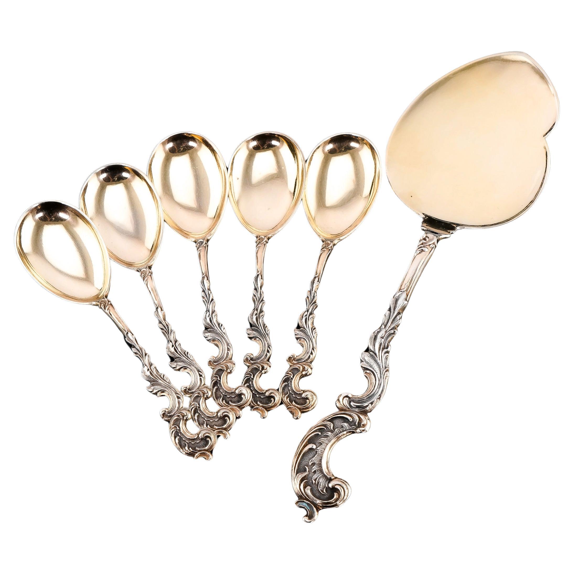 Antique German Solid Silver Icecream Server & Spoons in Rococo Style - c.1900 For Sale