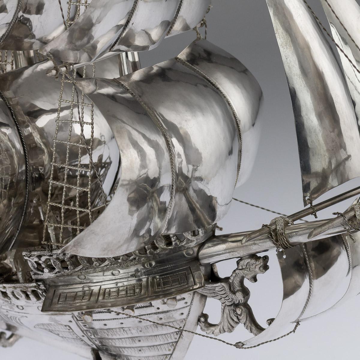 Antique German Solid Silver Impressive Large Neff Galleon Ship, circa 1930 4