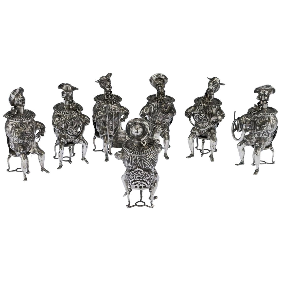 Antique German Solid Silver Set of Seven Musicians Novelty Cups, circa 1910