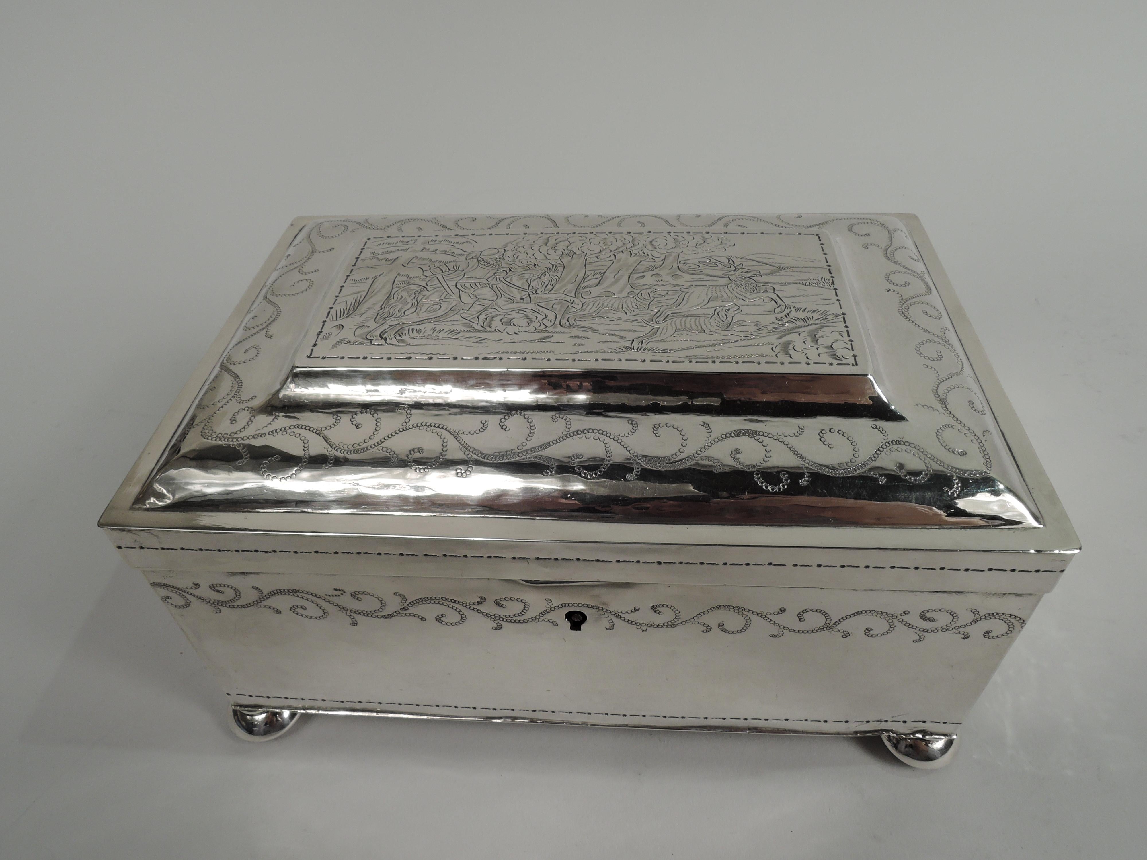 Edwardian Antique German Sterling Silver Box with Naif Pastoral Decoration For Sale