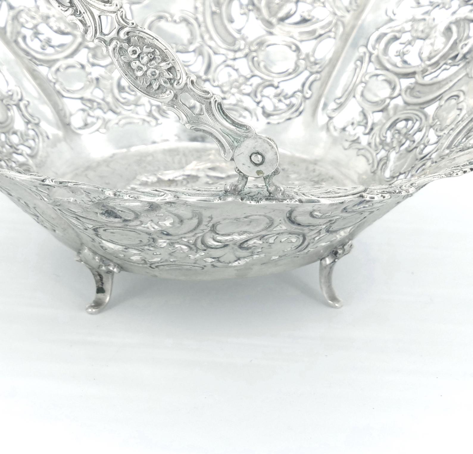 Antique German Sterling Silver Ornately Engraved Footed / Handle Basket For Sale 5