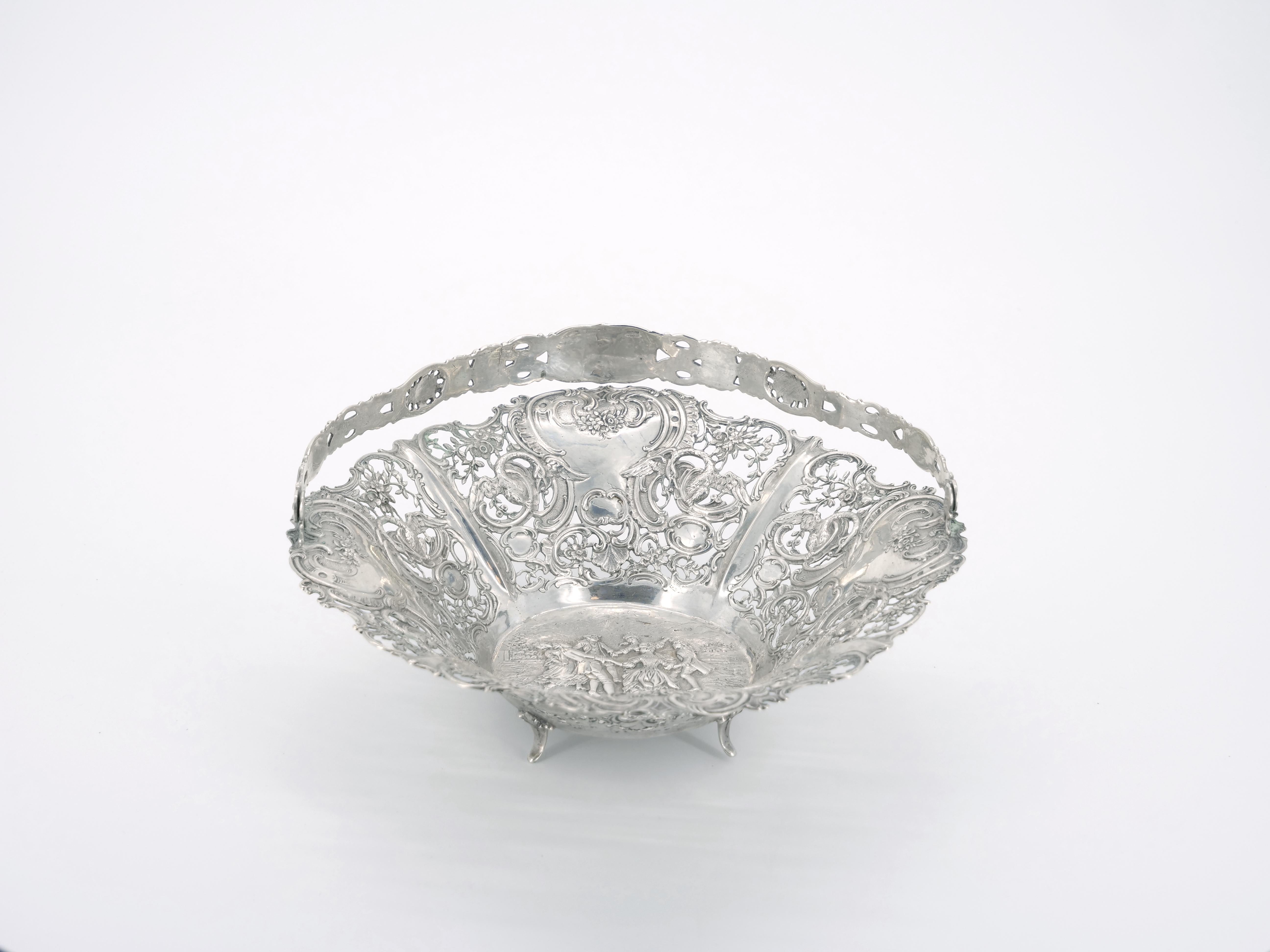 Victorian Antique German Sterling Silver Ornately Engraved Footed / Handle Basket For Sale