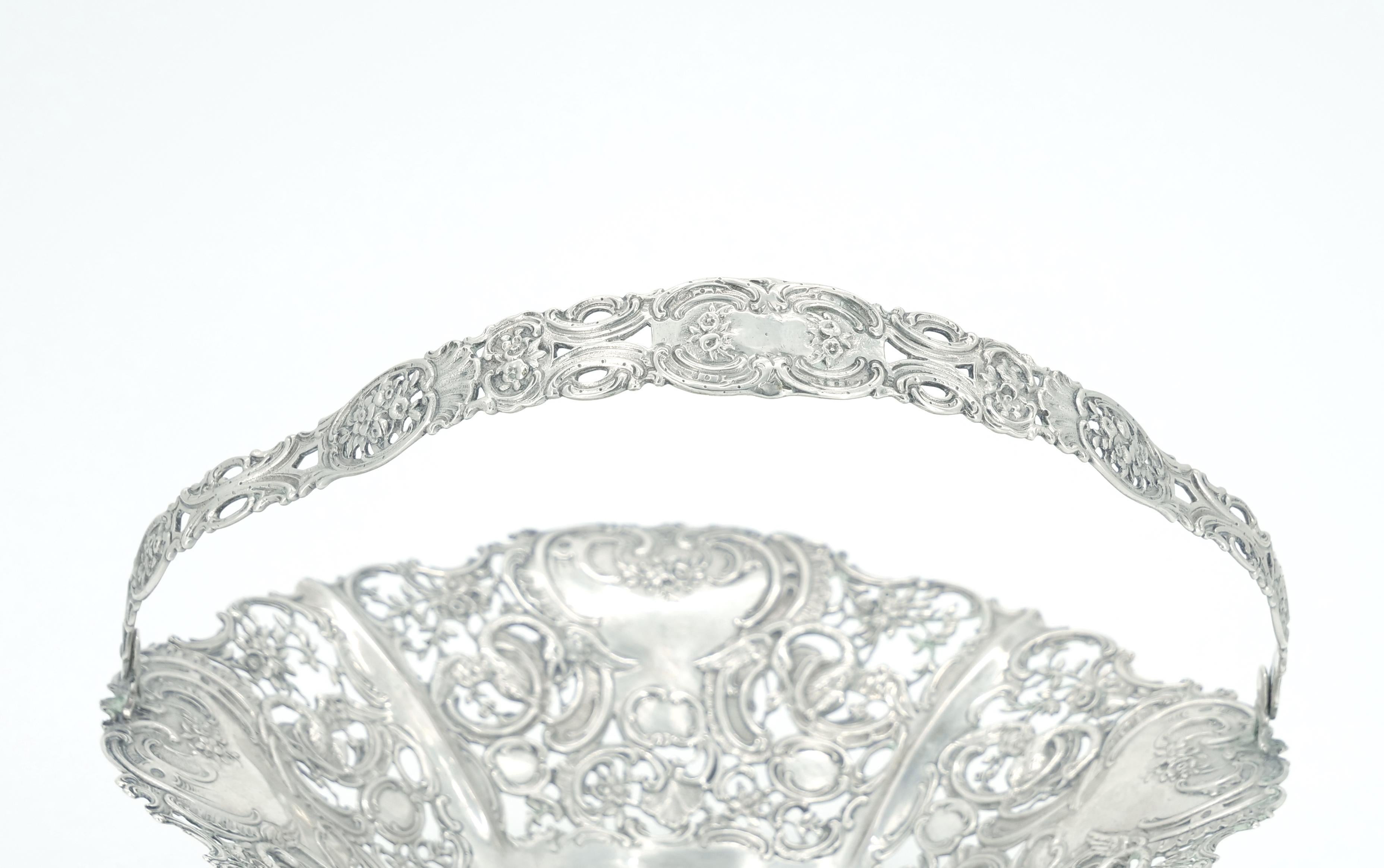 19th Century Antique German Sterling Silver Ornately Engraved Footed / Handle Basket For Sale