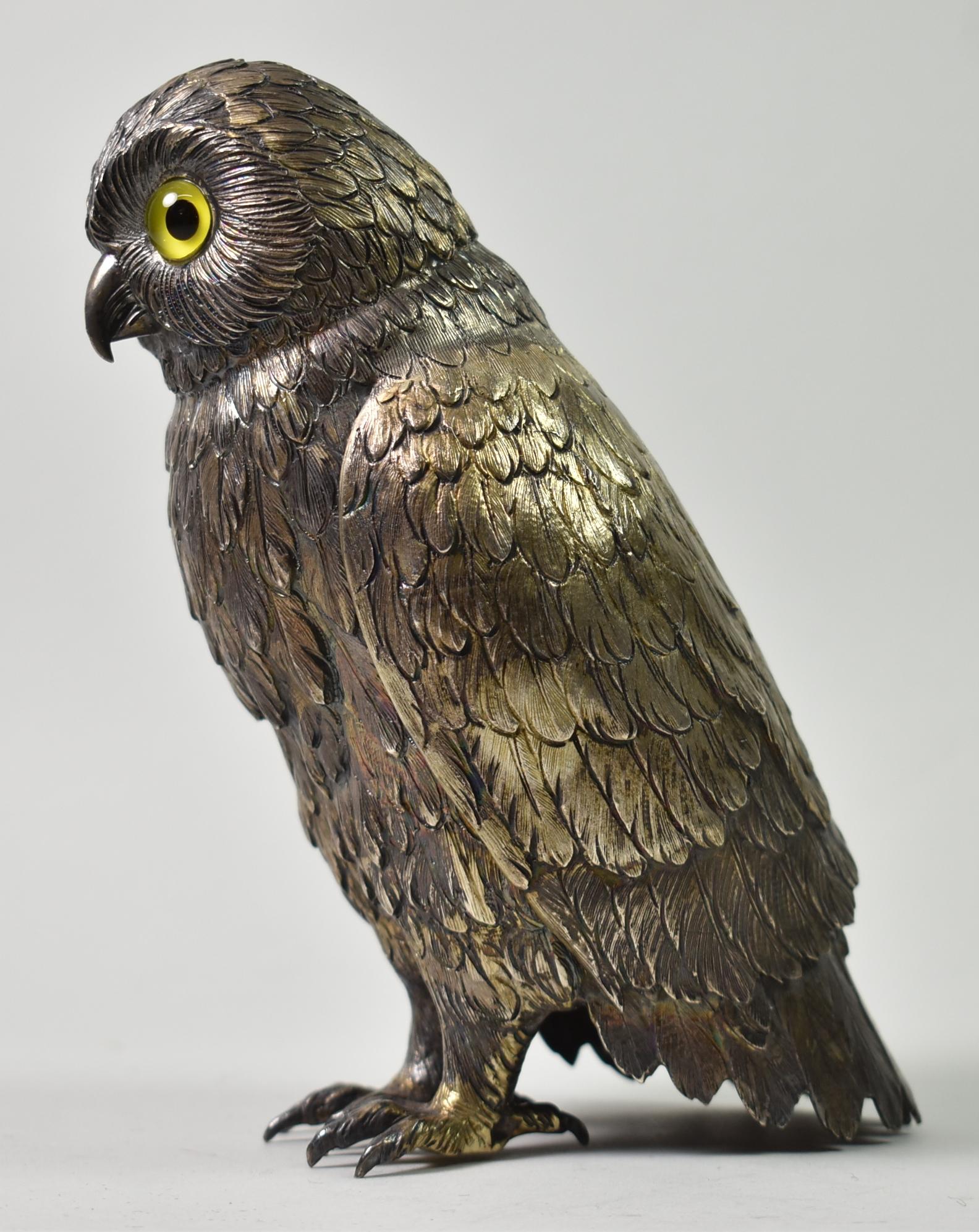Victorian Antique German Sterling Silver Owl with Glass Eyes, 6 3/4