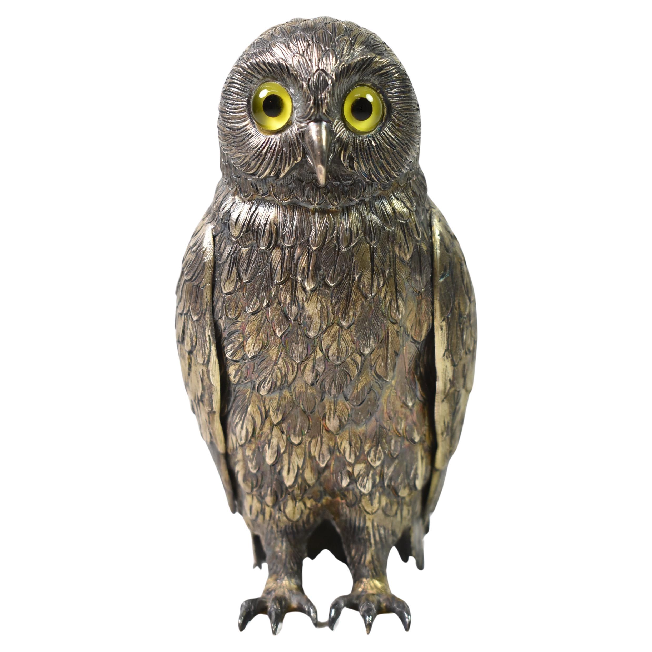 Antique German Sterling Silver Owl with Glass Eyes, 6 3/4" Tall For Sale