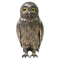 Antique German Sterling Silver Owl with Glass Eyes, 6 3/4" Tall
