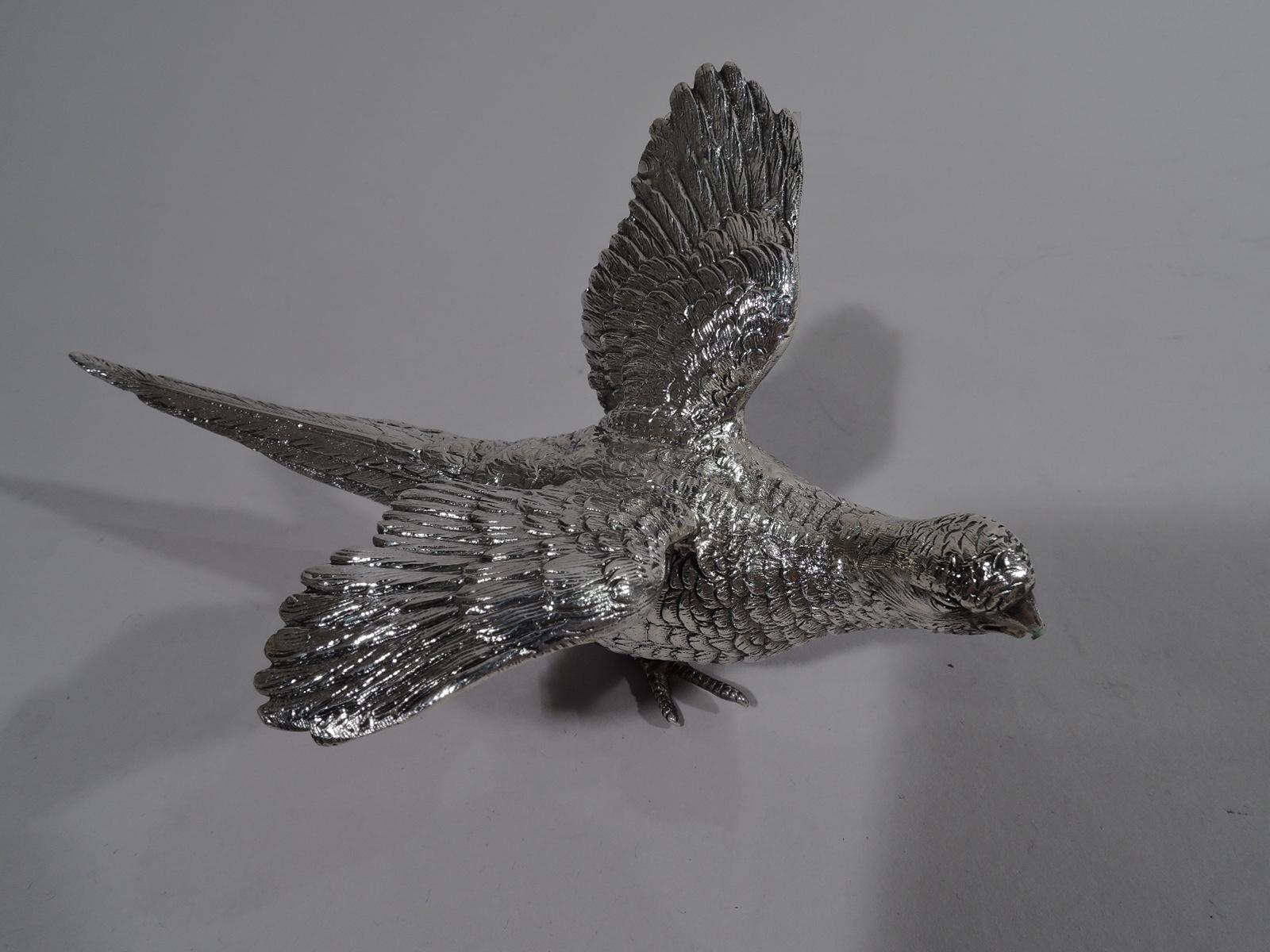 Traditional sterling silver pheasant, circa 1920. A small wing-flapping bird with scaly talons and fine plumage. Marked “925 Sterling” with German maker’s stamp (Ludwig Neresheimer).