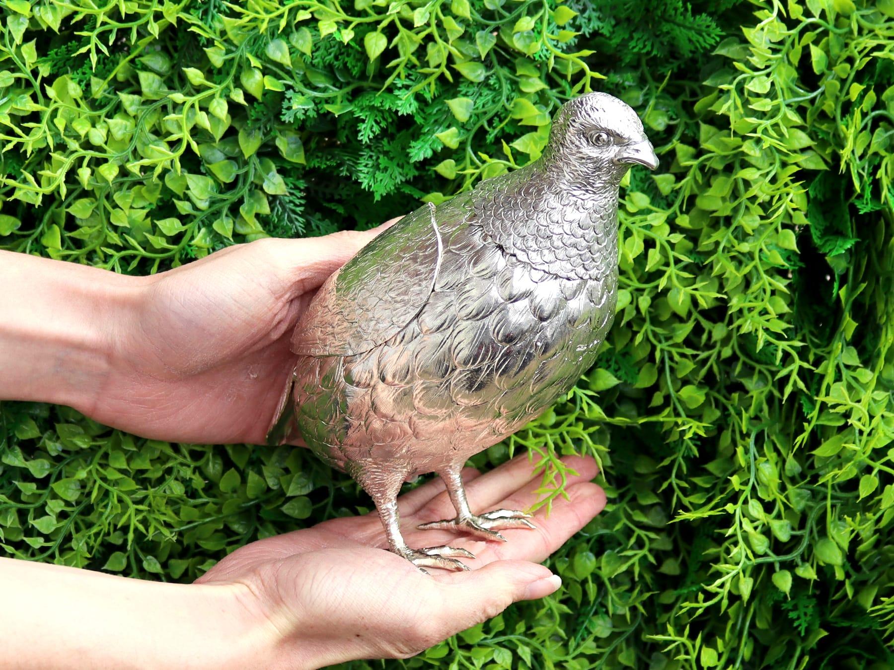 An exceptional, fine and impressive antique German sterling silver sugar box modelled in the form of a partridge; part of our collection of silver bird boxes

This exceptional, fine and impressive antique German cast sterling silver sugar box has