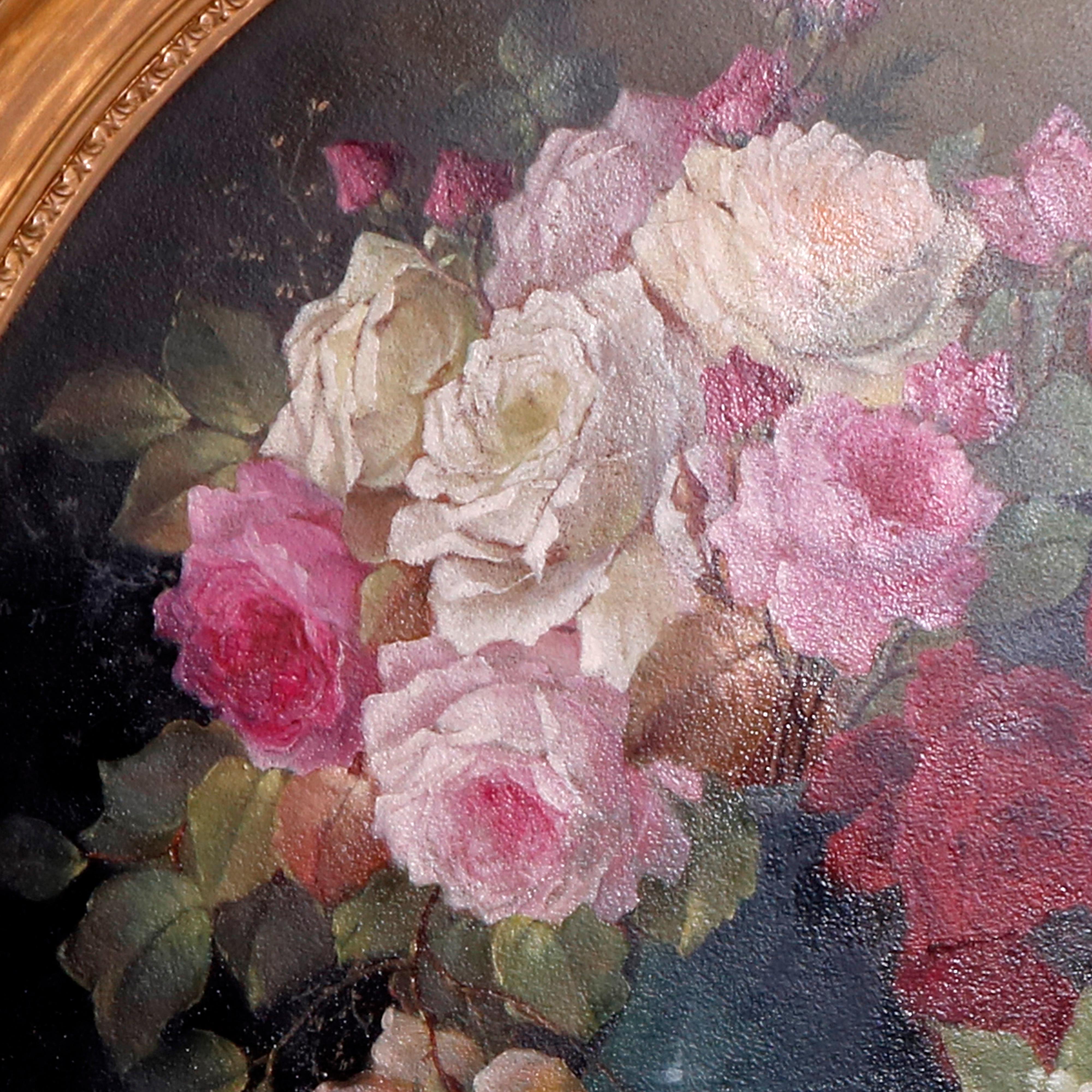 An antique oil on board German still life painting depicts garden flower bouquet in table top vase, seated in oval giltwood frame, signed Stoitznar, en verso original labels, circa 1890

Measures: 36.25