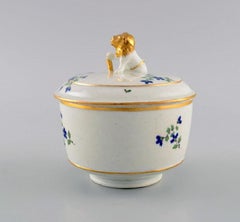 Antique German Sugar Bowl in Hand-Painted Porcelain with Flowers and Gold Edges