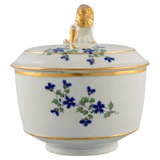 Antique German Sugar Bowl in Hand-Painted Porcelain with Flowers and Gold Edges For Sale