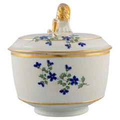 Antique German Sugar Bowl in Hand-Painted Porcelain with Flowers and Gold Edges