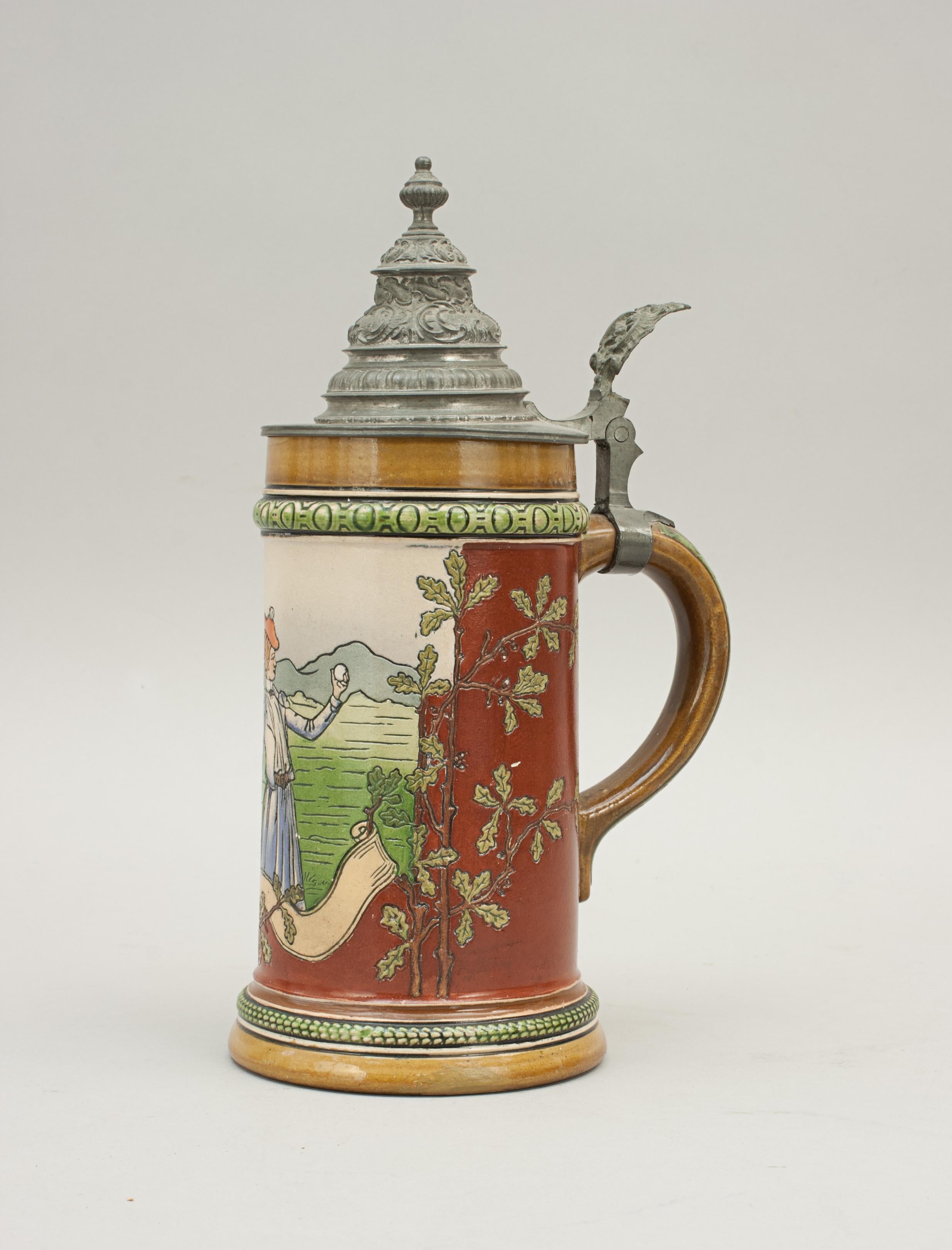 Early 20th Century Antique German Tennis Beer Stein with Pewter Lid