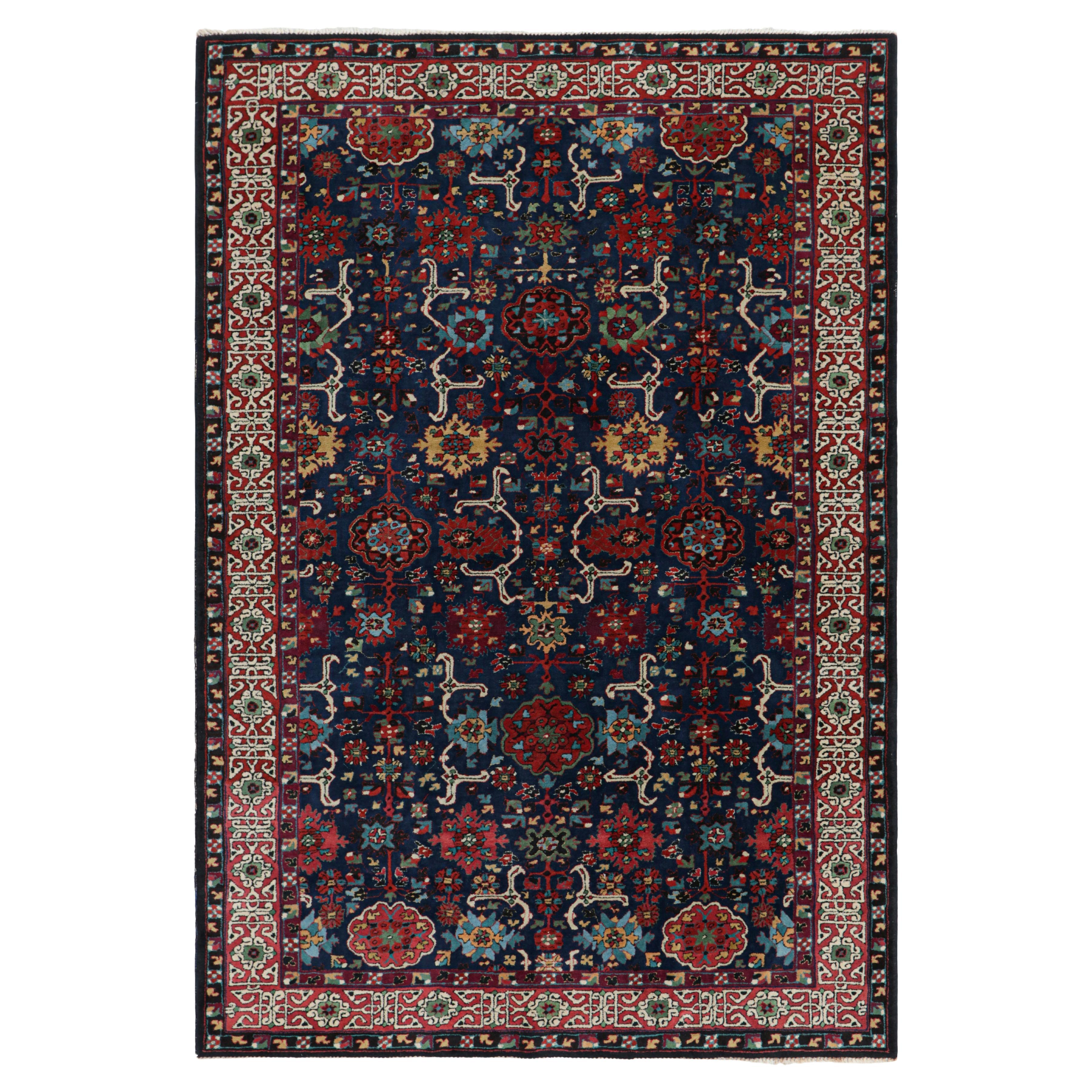 Antique German Tetex Rug in Blue with Colorful Floral Patterns, from Rug & Kilim