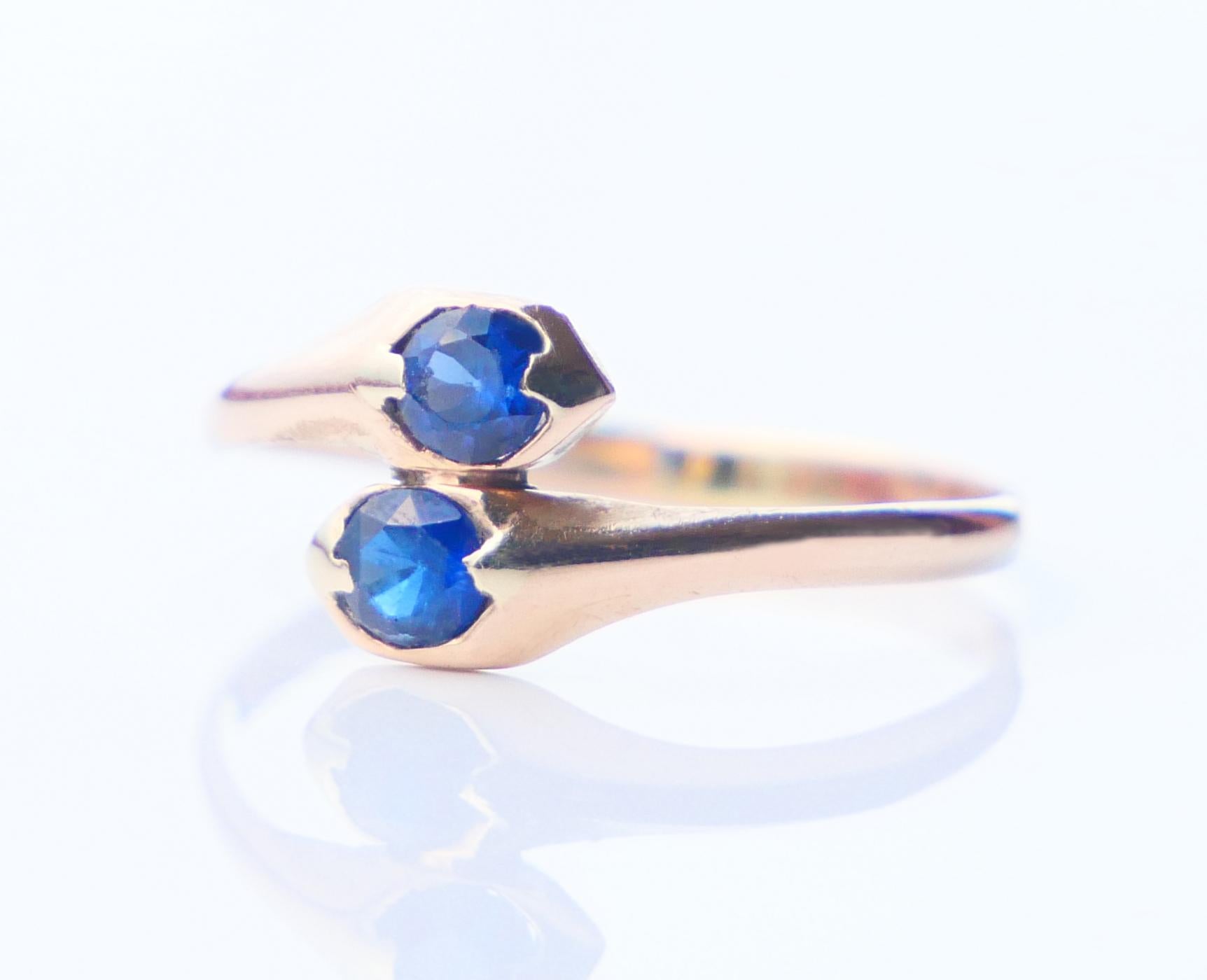 Art Déco Antico anello tedesco Toi et Moi Snake Ring Zaffiro blu in oro 14K Ø4.25 US/0.9gr in vendita