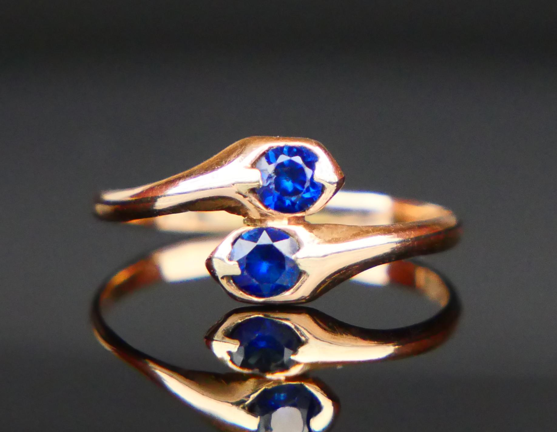 Antico anello tedesco Toi et Moi Snake Ring Zaffiro blu in oro 14K Ø4.25 US/0.9gr in vendita 1
