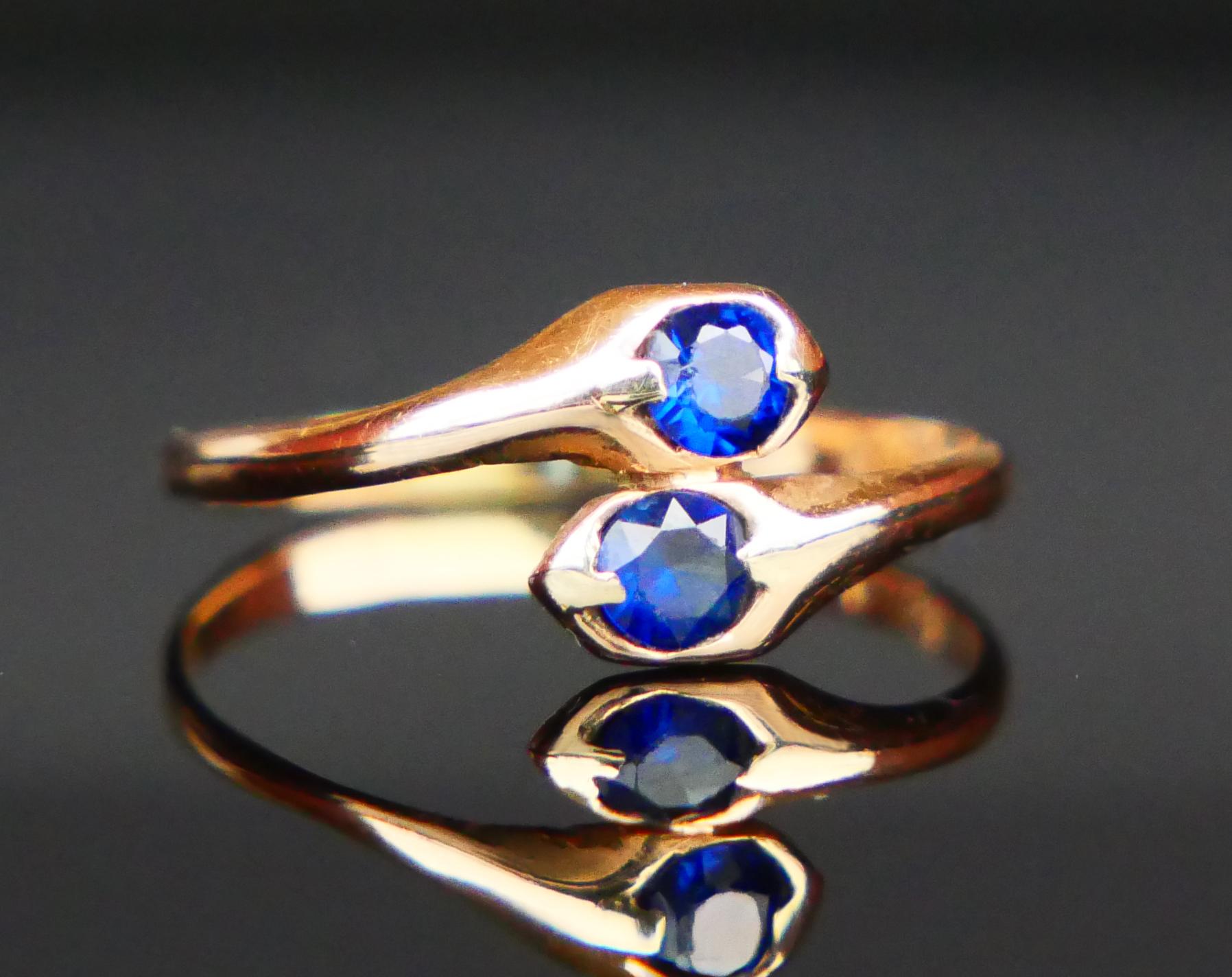 Antico anello tedesco Toi et Moi Snake Ring Zaffiro blu in oro 14K Ø4.25 US/0.9gr in vendita 2