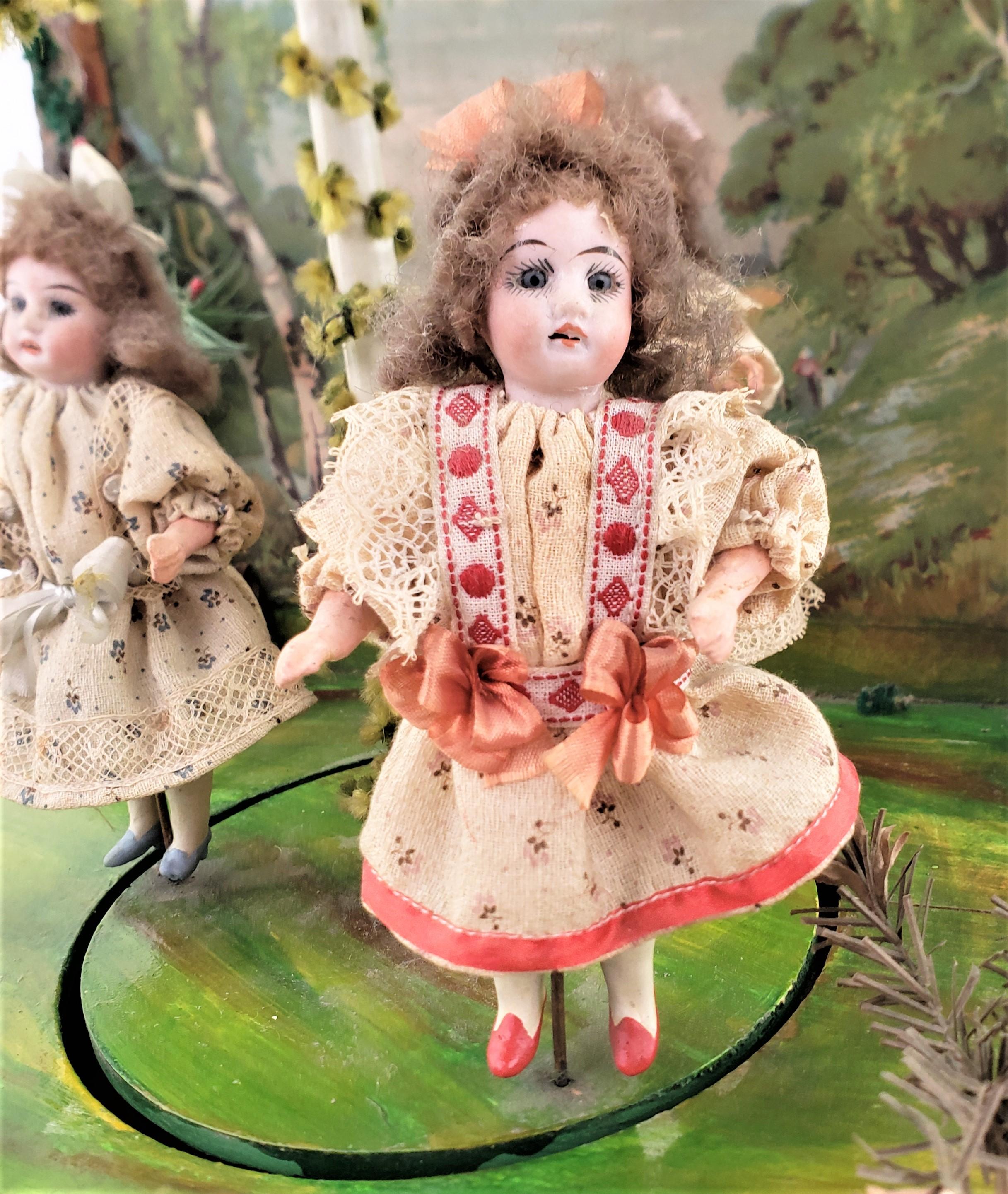 Ceramic Antique German Toy Automaton Music Box with Girls Dancing Around the Maypole