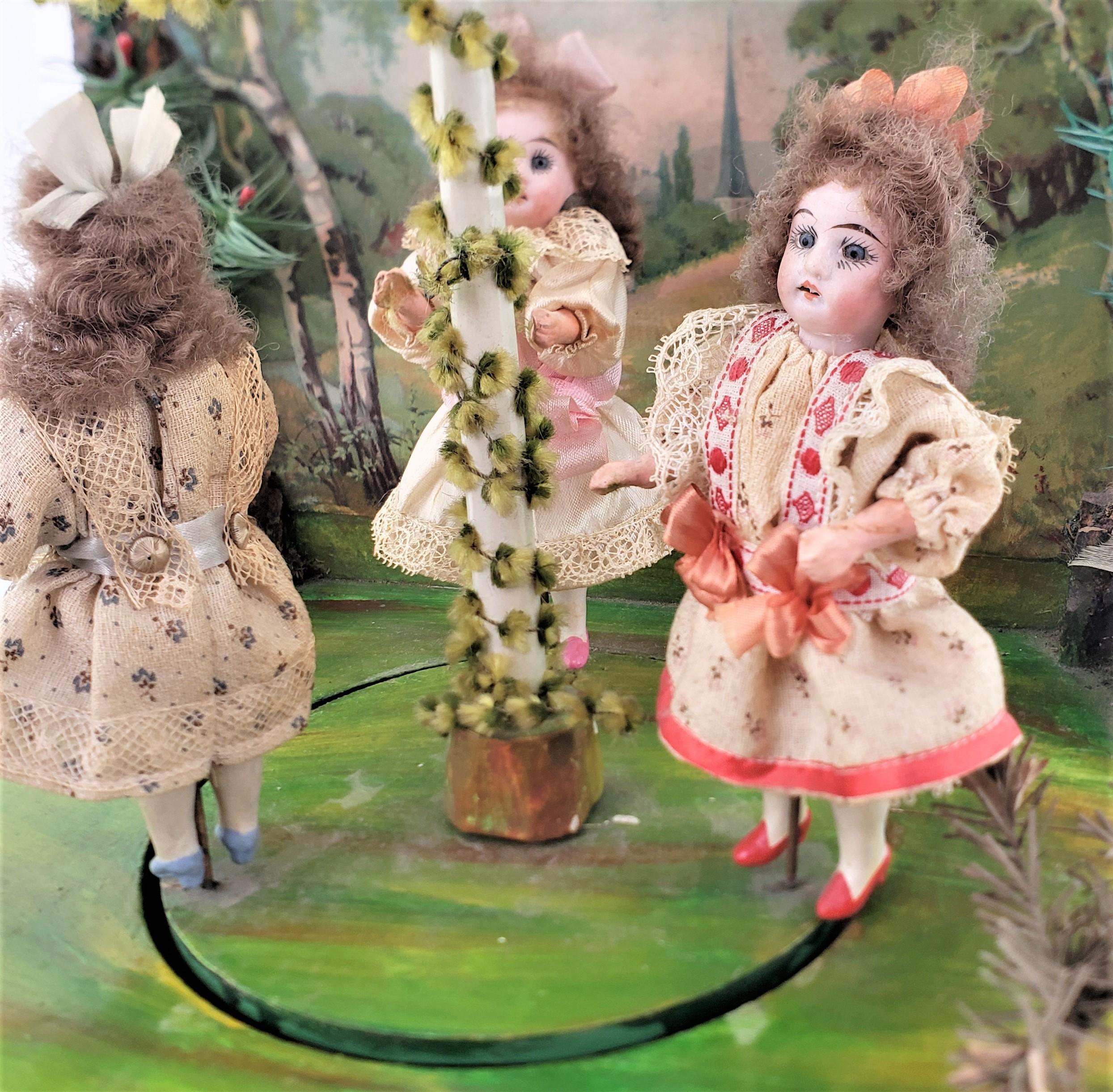 Antique German Toy Automaton Music Box with Girls Dancing Around the Maypole 1