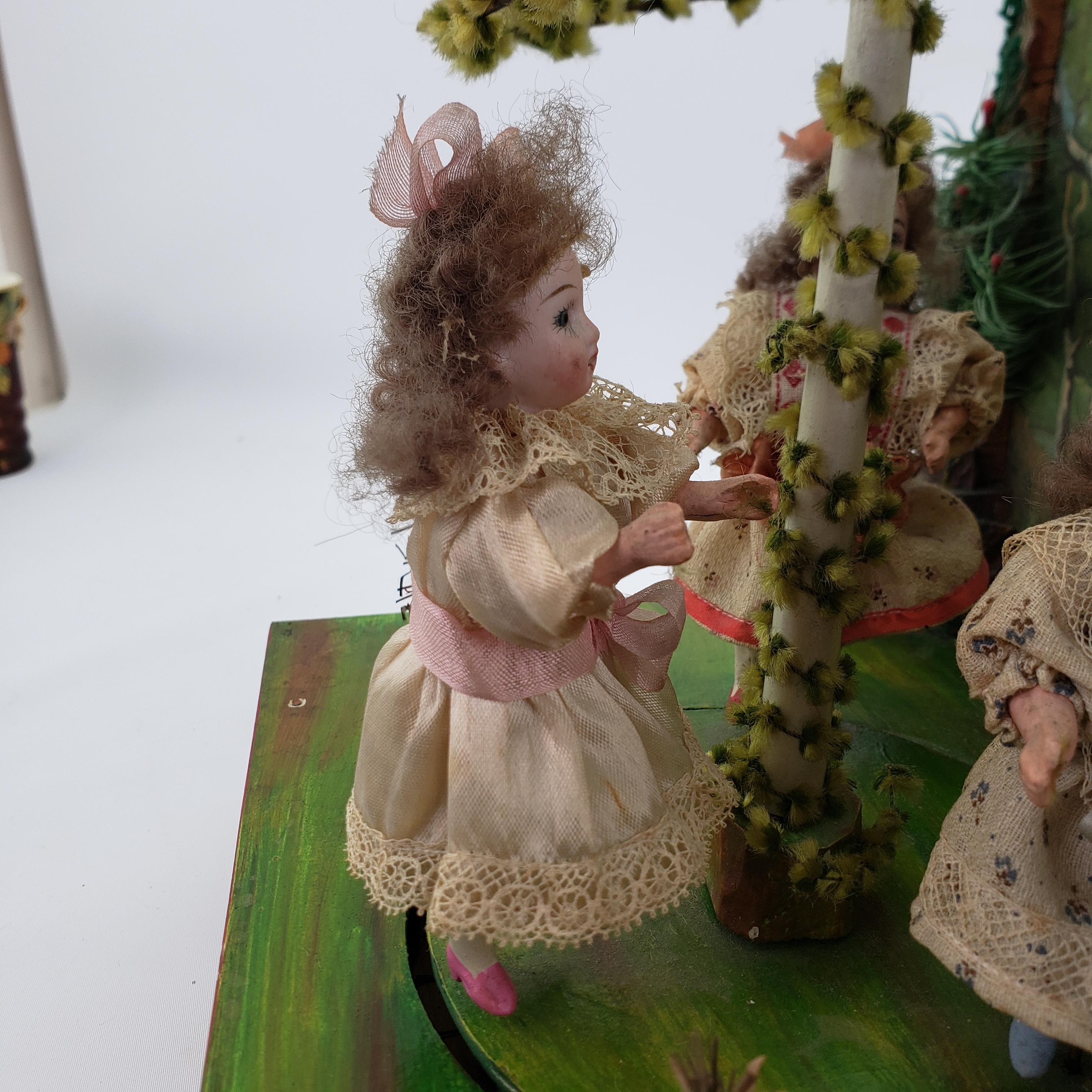 Antique German Toy Automaton Music Box with Girls Dancing Around the Maypole 5