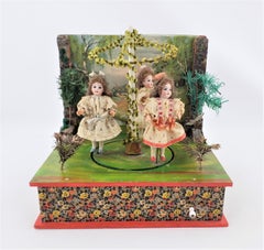 Antique German Toy Automaton Music Box with Girls Dancing Around the Maypole