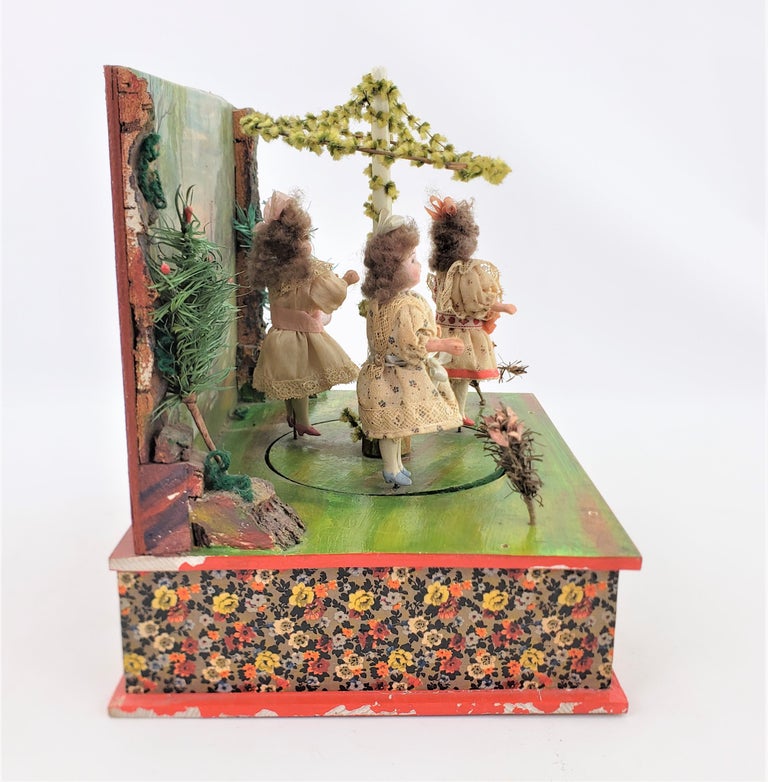 Antique German Toy Automaton Music Box with Girls Dancing Around the