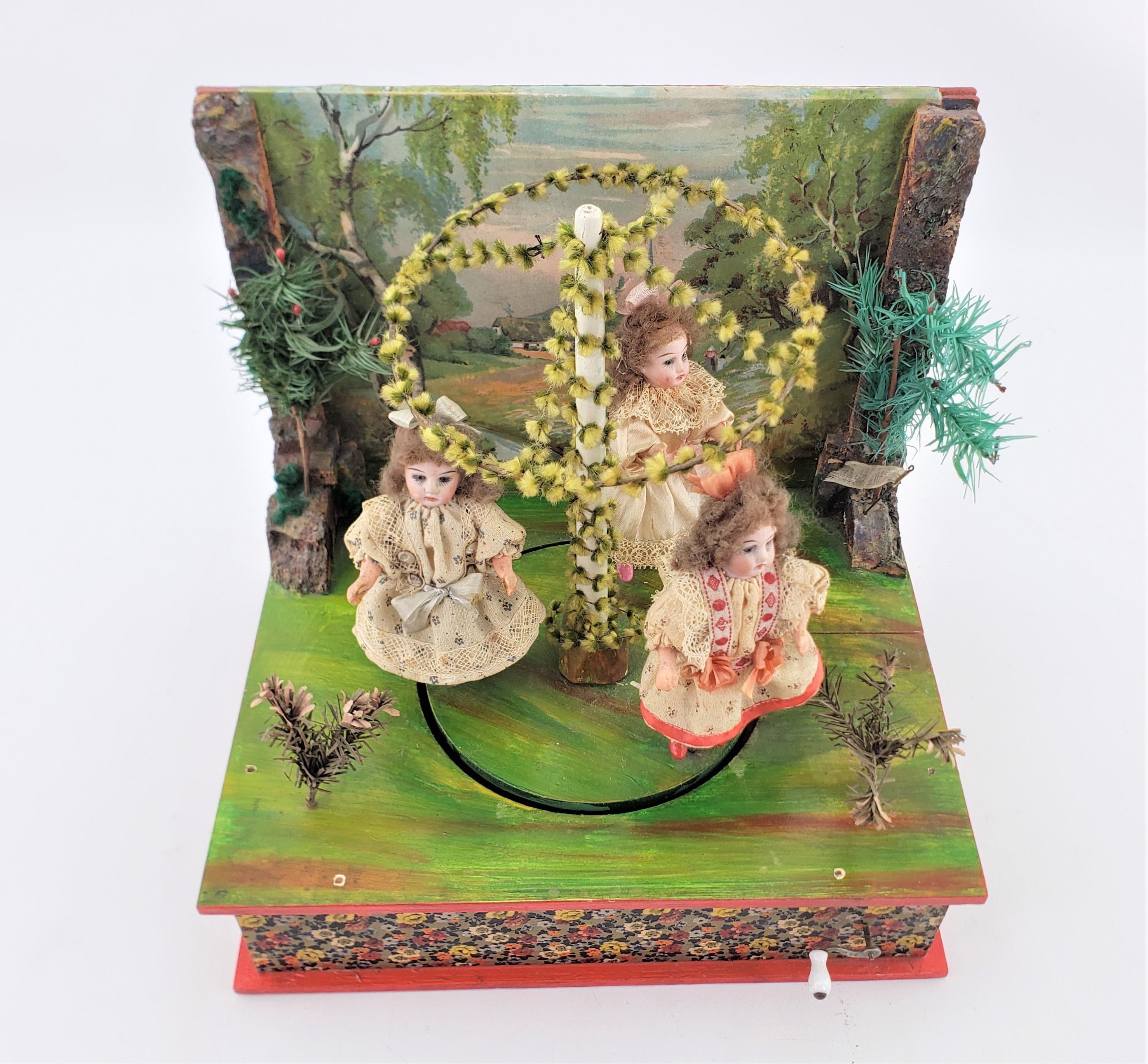 20th Century Antique German Toy Automaton Music Box with Girls Dancing Around the Maypole