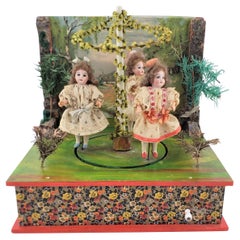 Antique German Toy Automaton Music Box with Girls Dancing Around the Maypole
