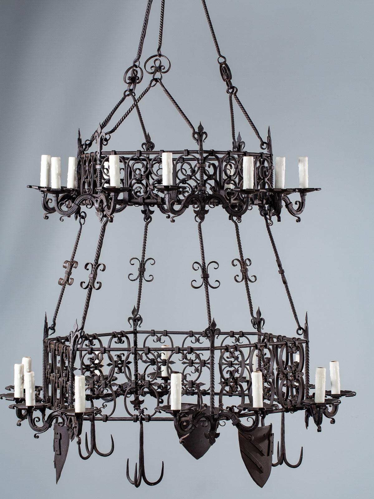 Cast Antique German Two-Tier Forged Iron Chandelier, circa 1880 24 Lights For Sale