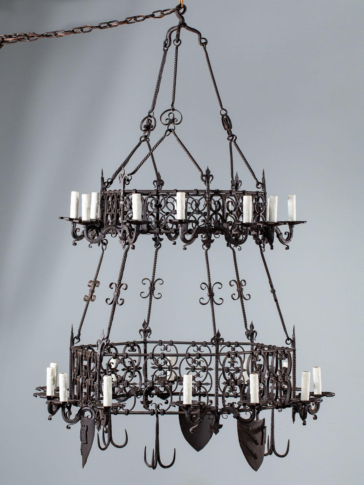 19th Century Antique German Two-Tier Forged Iron Chandelier, circa 1880 24 Lights For Sale