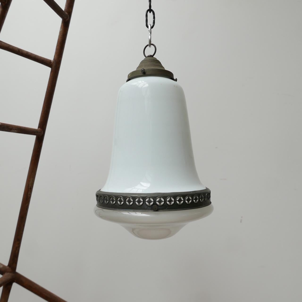 Good mid-sized two tone pendant light. 

Patinated brass rim and gallery. 

Opaline glass top, etched glass base glass. 

German, c1910. 

One available. 

Re-wired and PAT tested. 

Dimensions: 35 Height x 22 Diameter in cm.