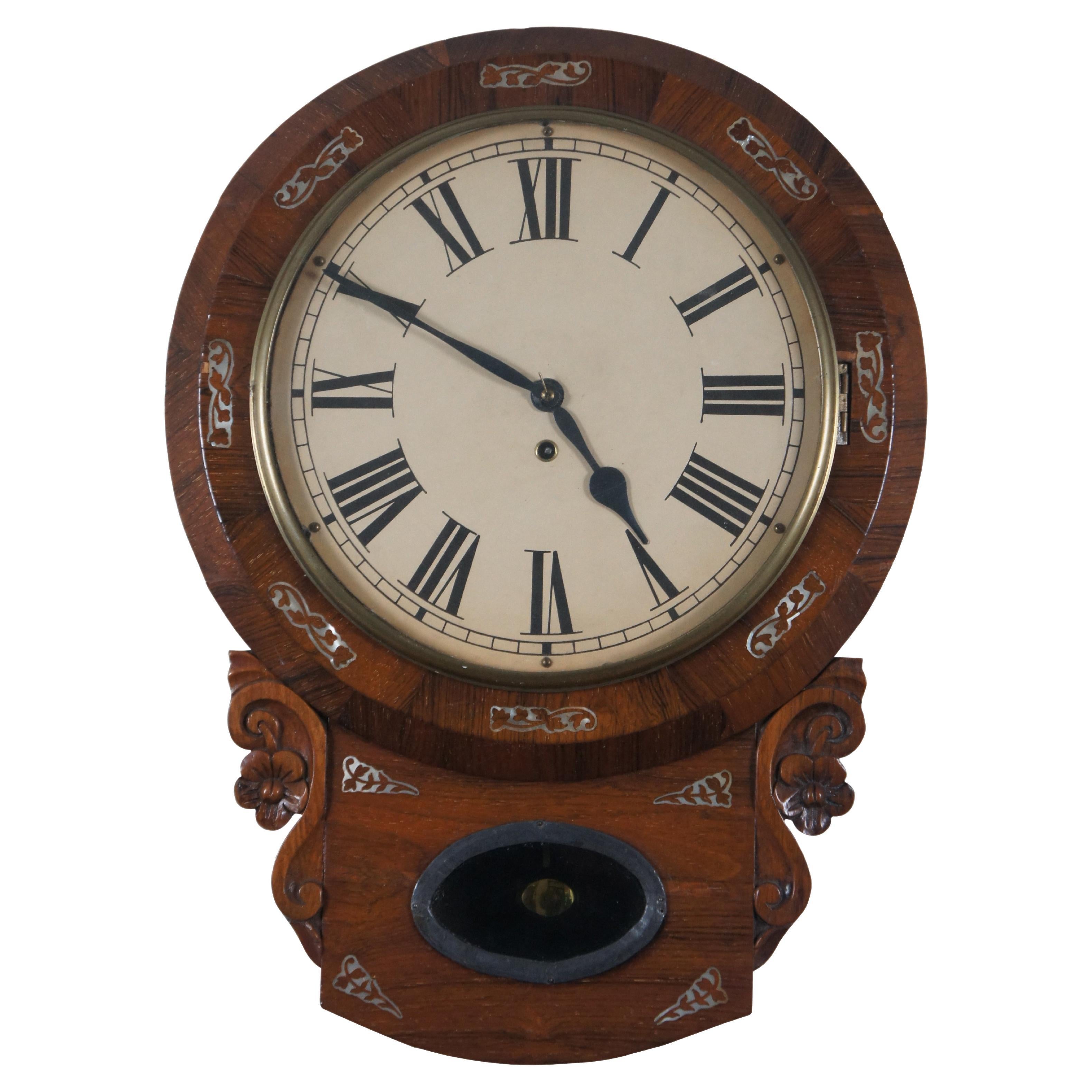 Antique German Walnut Inlaid Mother of Pearl Short Drop Peekaboo Wall Clock 23"