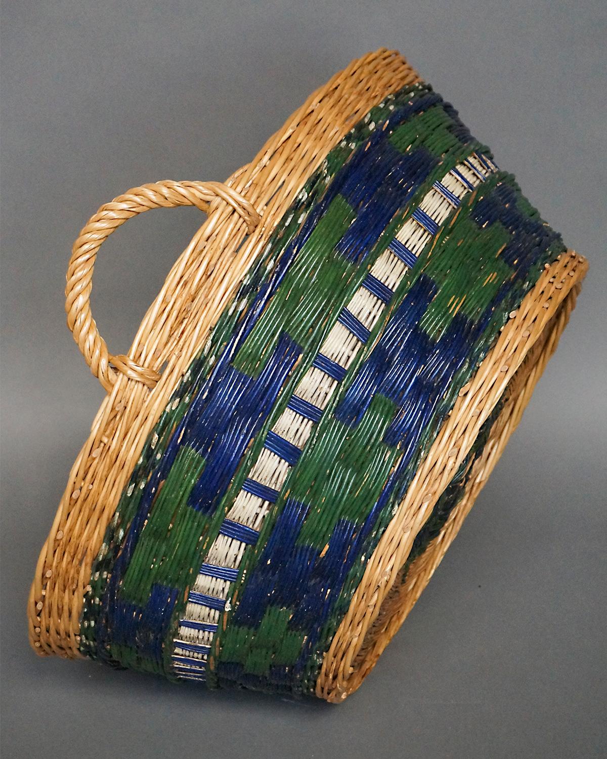 Wedding basket in blue and green paint, Schwalm region, Germany, circa 1870. Handwoven and hand painted, these baskets were gifts to the bride and used in the wedding ceremony to carry her dowry.
