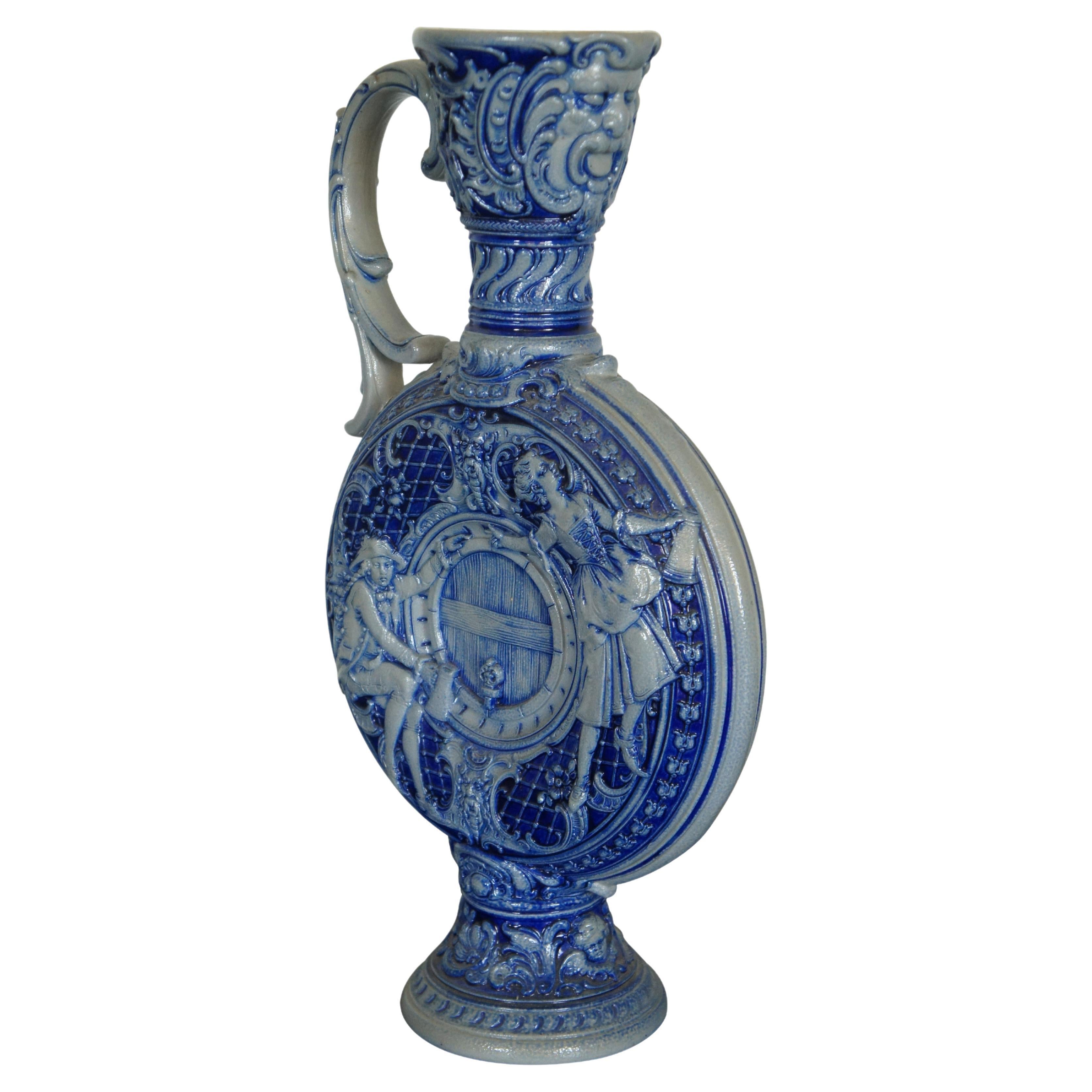 Antique German Westerwald Cobalt Blue Salt Glaze Stoneware Pitcher Jug Ewer 17" For Sale